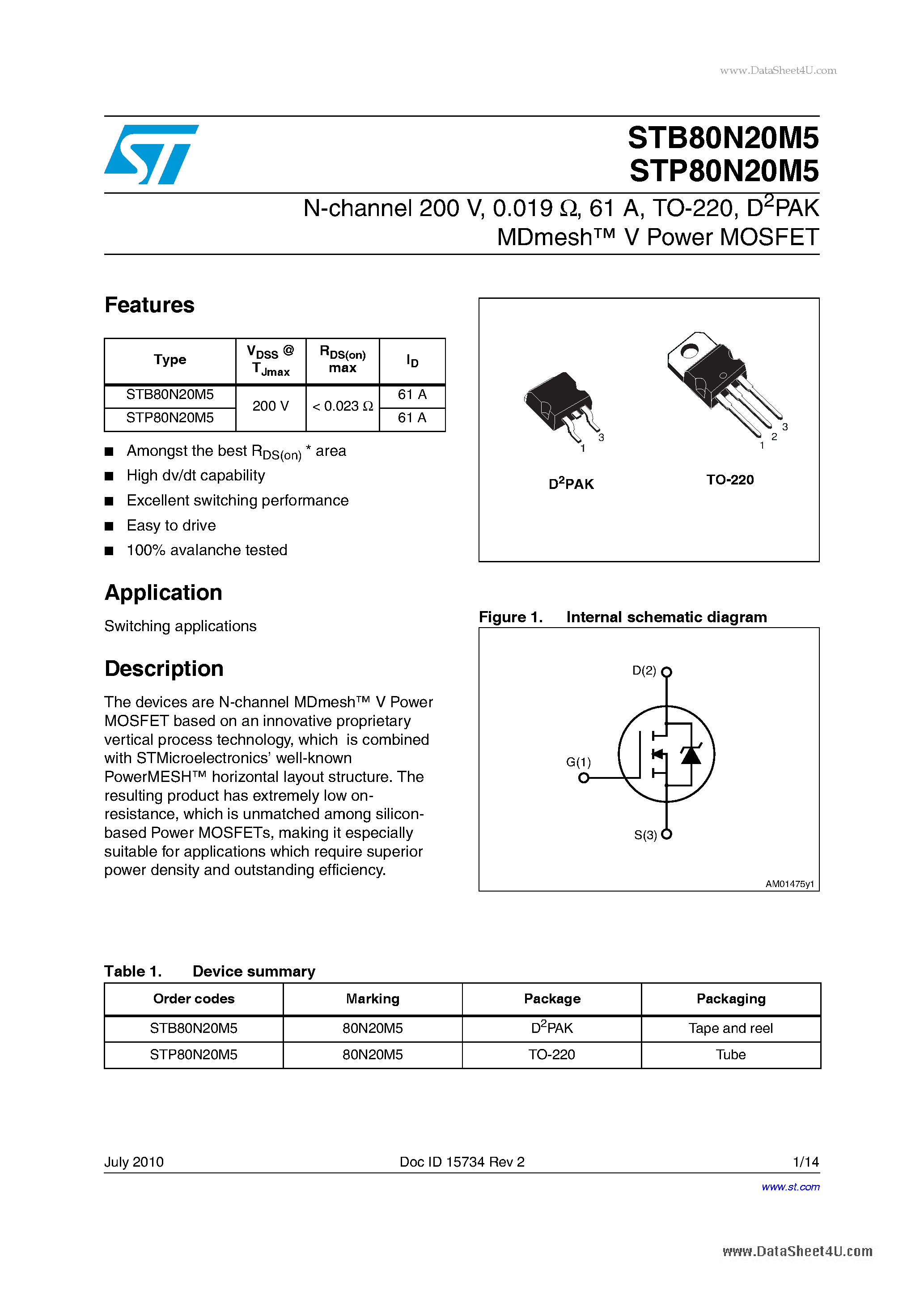 Даташит STB80N20M5 - D2PAK MDmesh V Power MOSFET страница 1