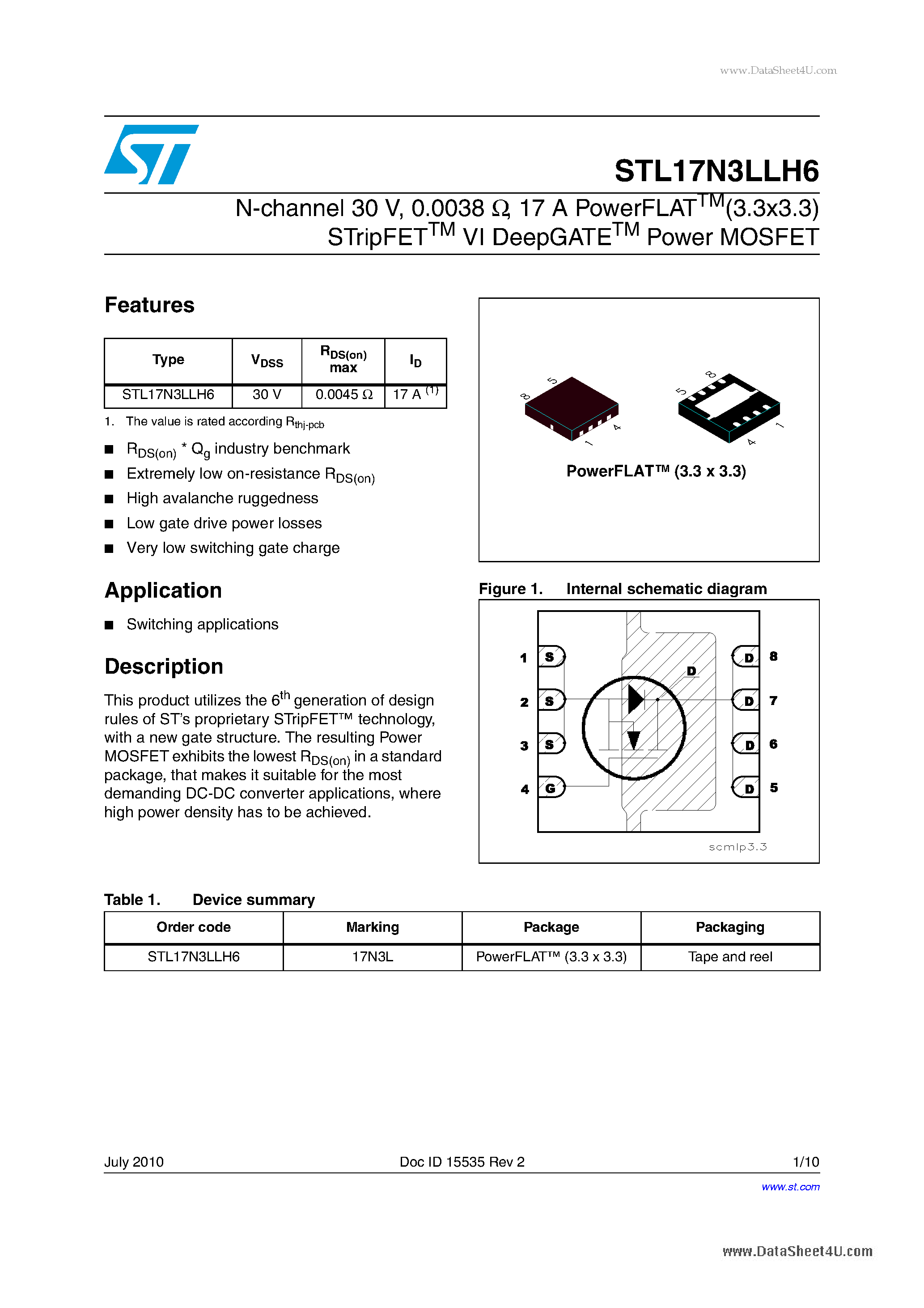 Datasheet STL17N3LLH6 - 17 A PowerFLAT (3.3x3.3) STripFETTM VI DeepGATETM Power MOSFET page 1
