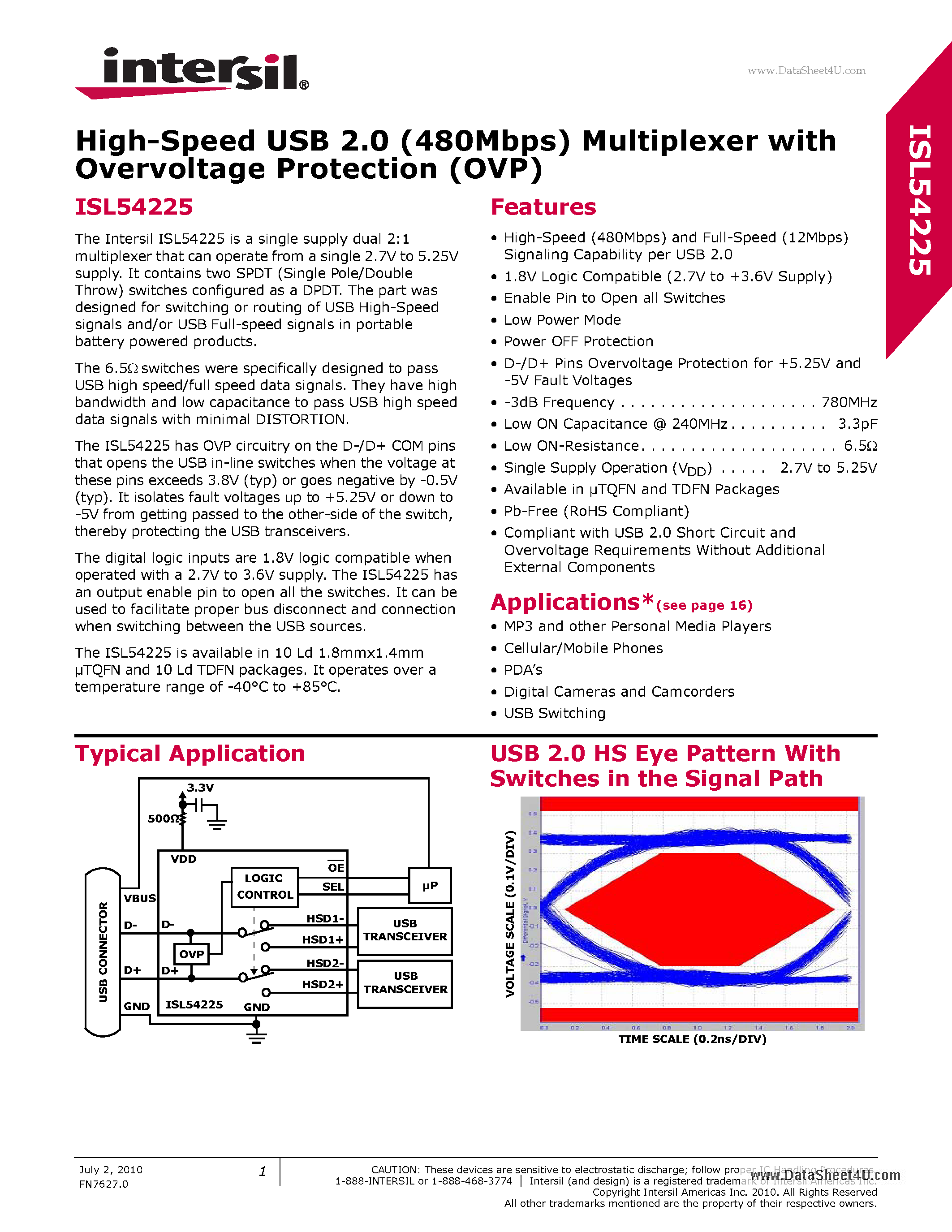 Datasheet ISL54225 page 1 Datasheet ISL54225 - High-Speed USB 2.0 (480Mbps) Multiplexer page 1