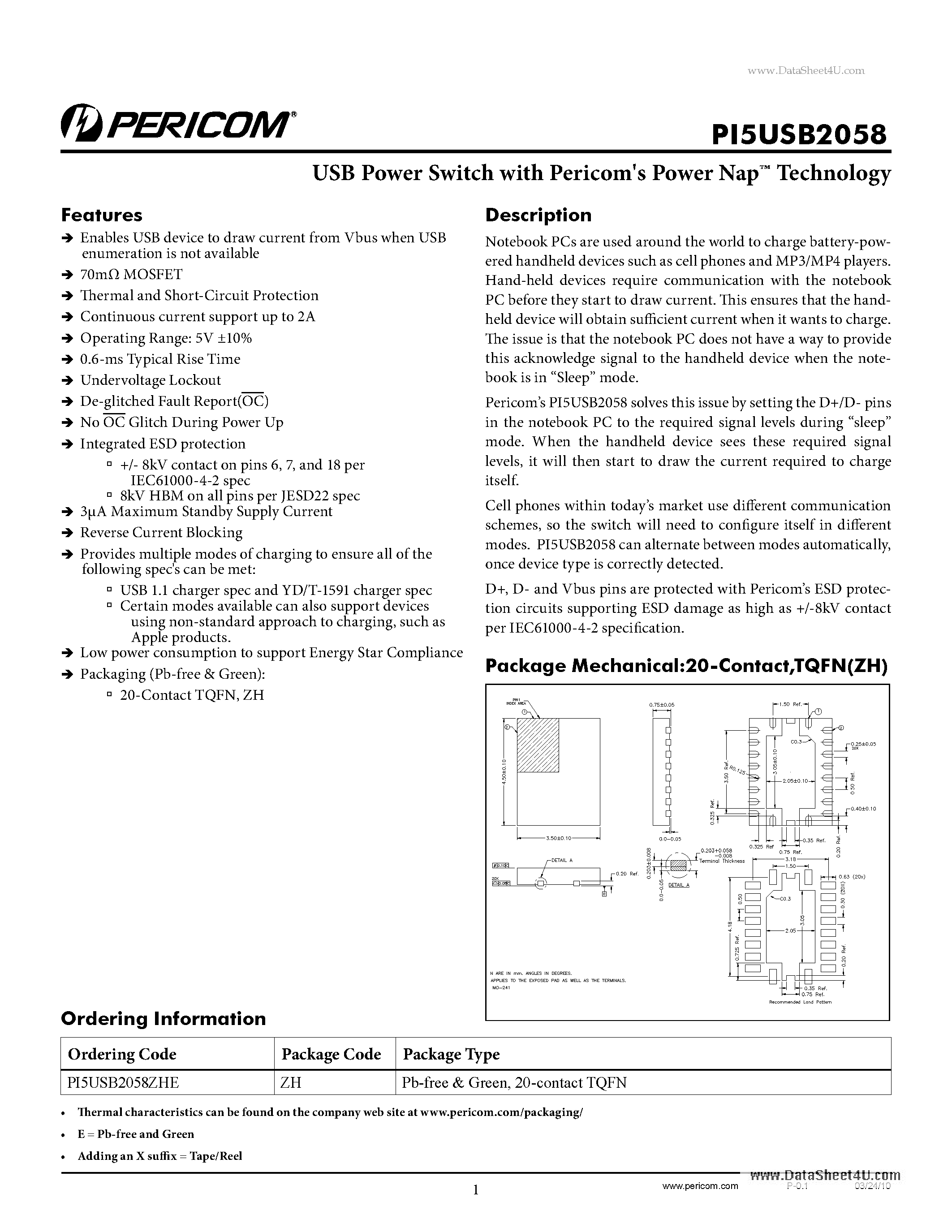 Datasheet PI5USB2058 - USB Power Switch page 1