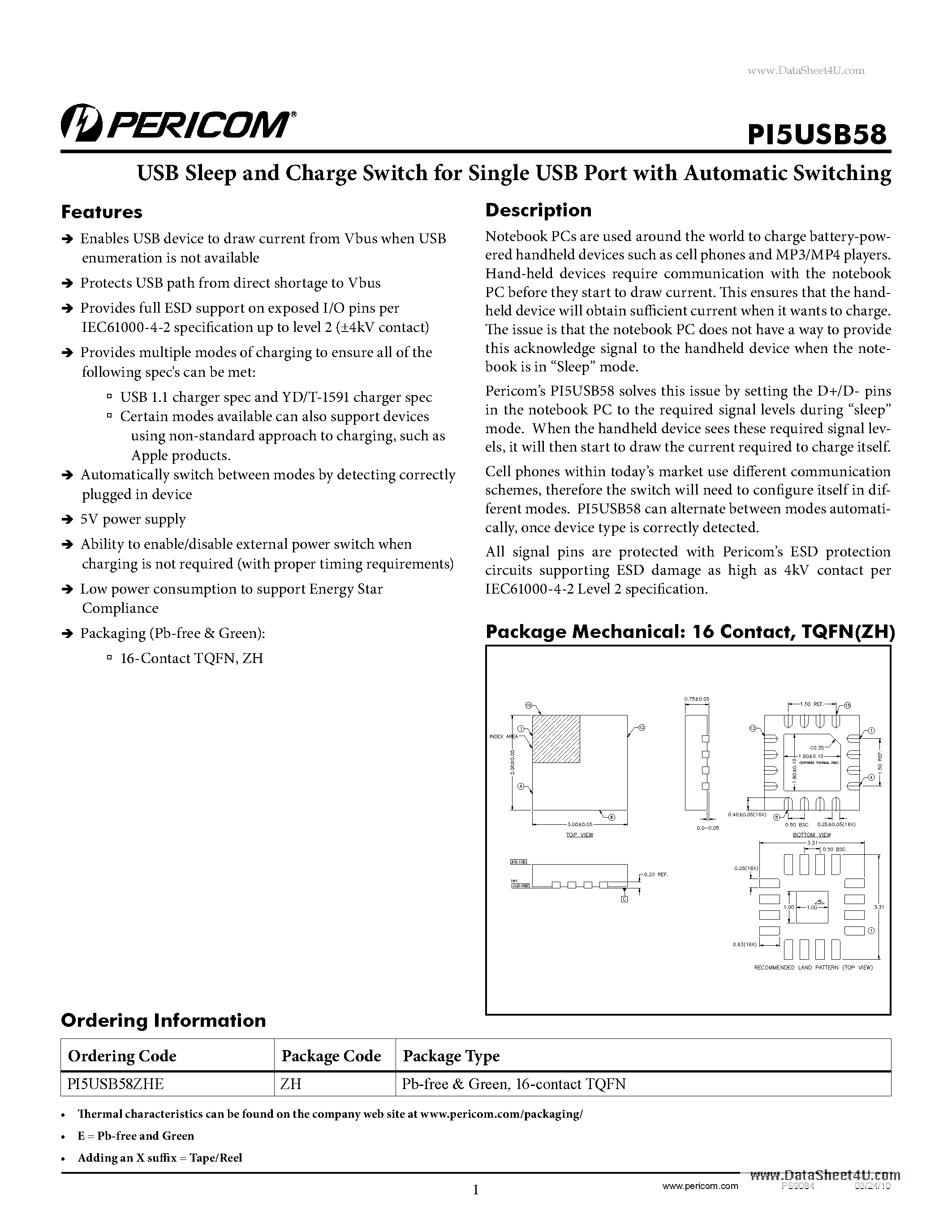 Datasheet PI5USB58 - USB Sleep and Charge Switch for Single USB Port page 1