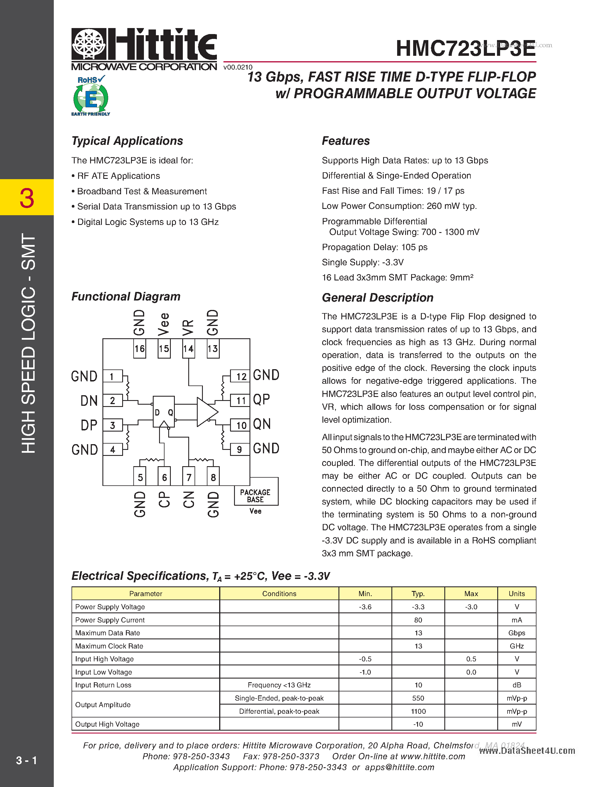Datasheet HMC723LP3E page 1 Datasheet HMC723LP3E - 13 Gbps Fast Rise Time D-Type Flip-Flop W/ Programmable Output Voltage page 1