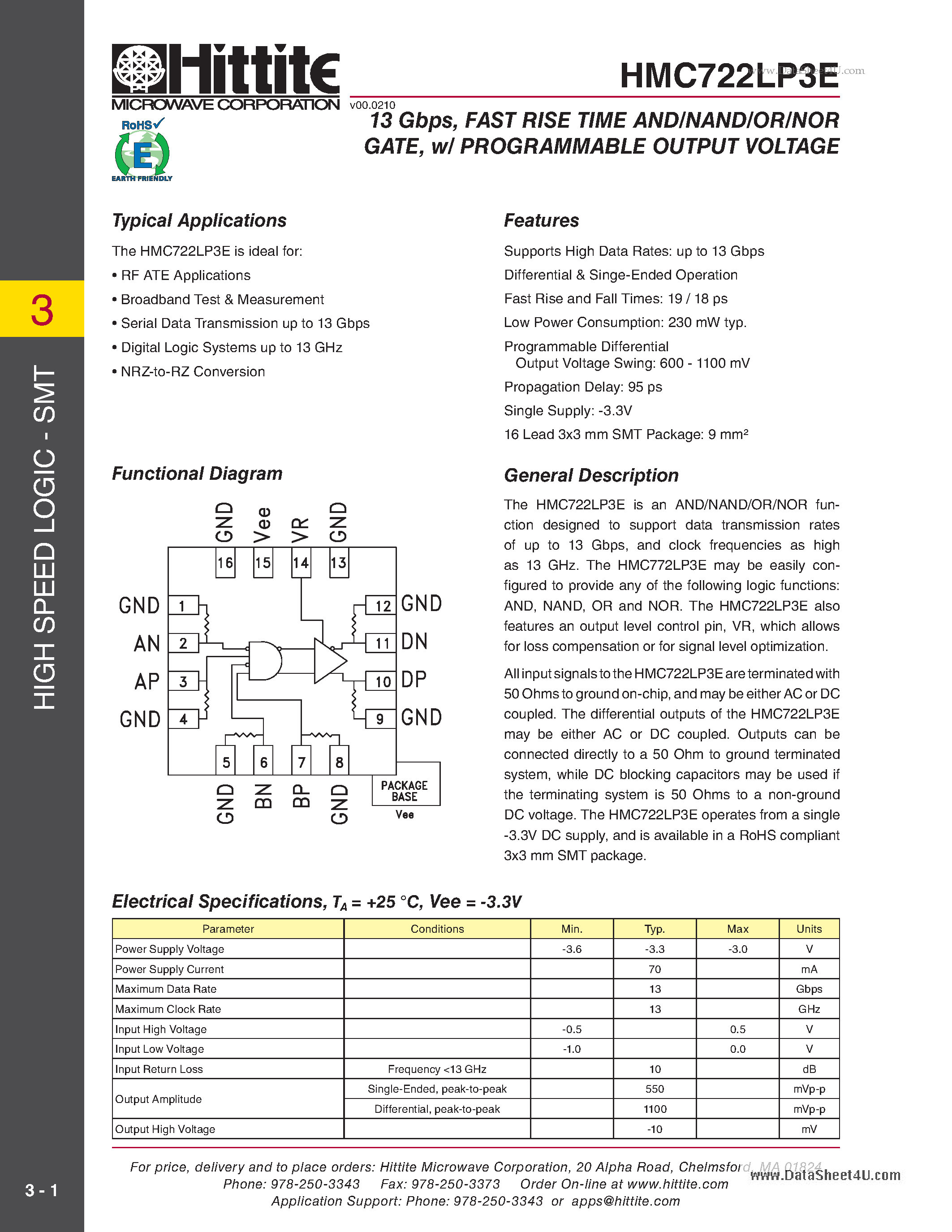Datasheet HMC722LP3E page 1 Datasheet HMC722LP3E - 13 Gbps FAST RISE TIME AND/NAND/OR/NOR GATE w/ PROGRAMMABLE OUTPUT VOLTAGE page 1