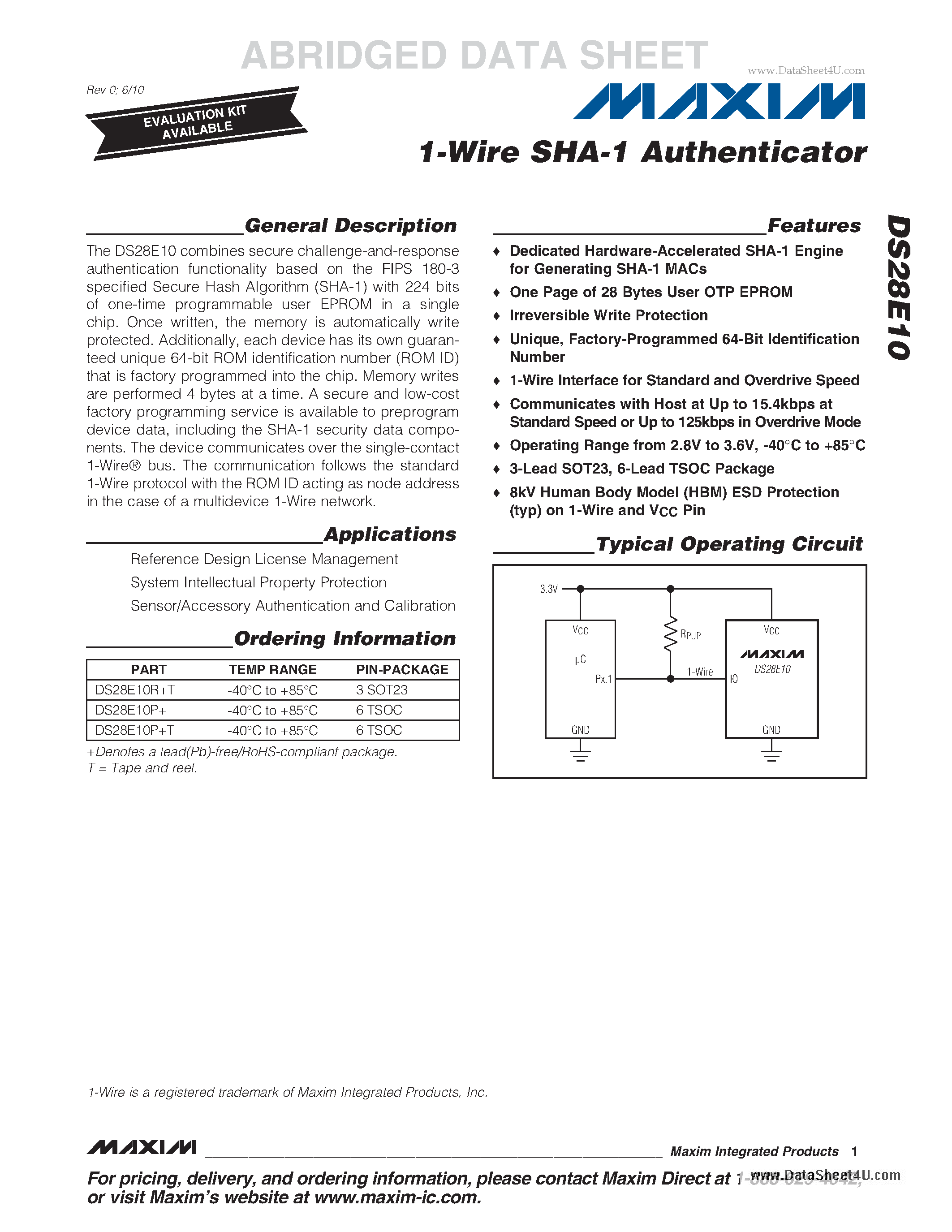 Datasheet DS28E10 - 1-Wire SHA-1 Authenticator page 1