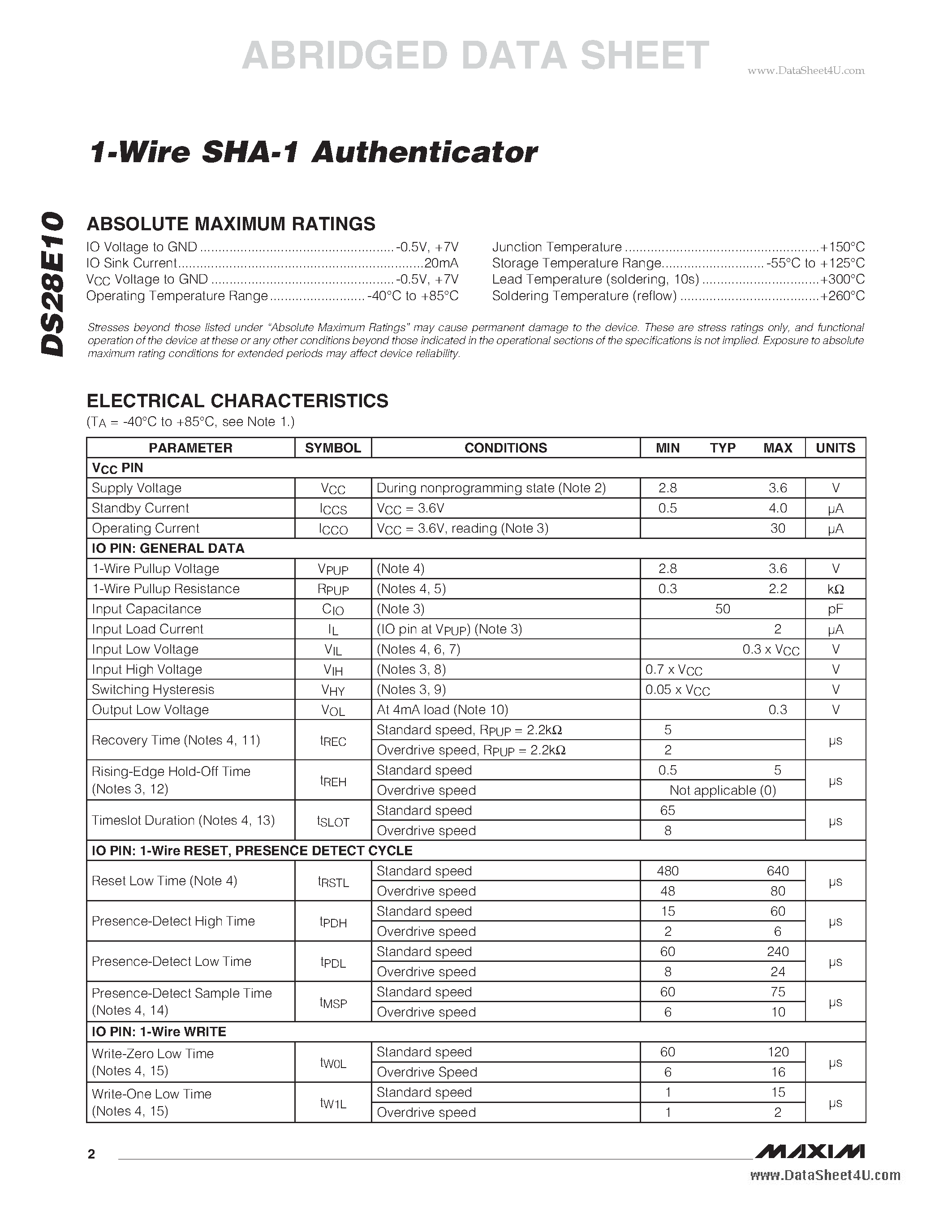 Datasheet DS28E10 - 1-Wire SHA-1 Authenticator page 2