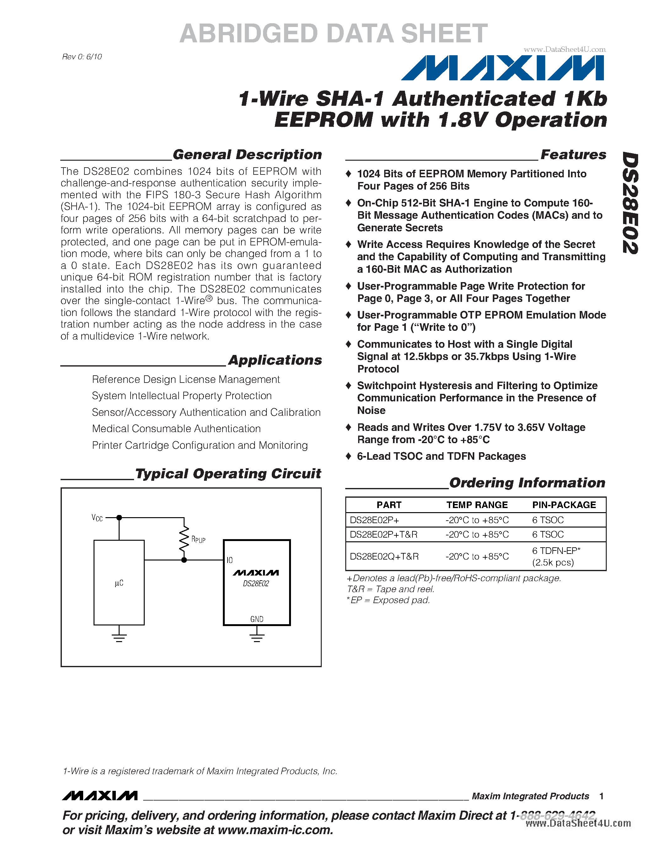 Datasheet DS28E02 - 1-Wire SHA-1 Authenticator 1Kb EEPROM page 1