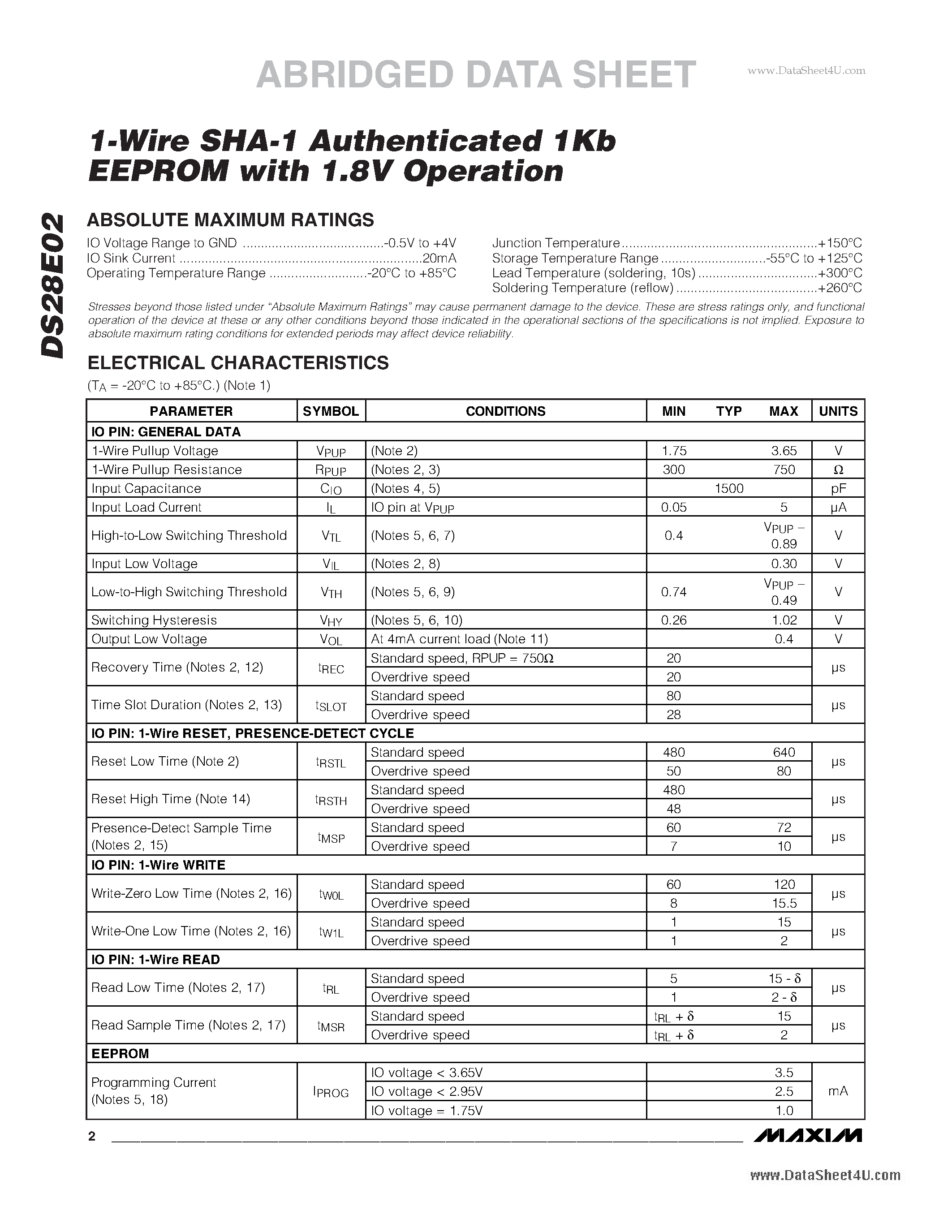 Datasheet DS28E02 - 1-Wire SHA-1 Authenticator 1Kb EEPROM page 2