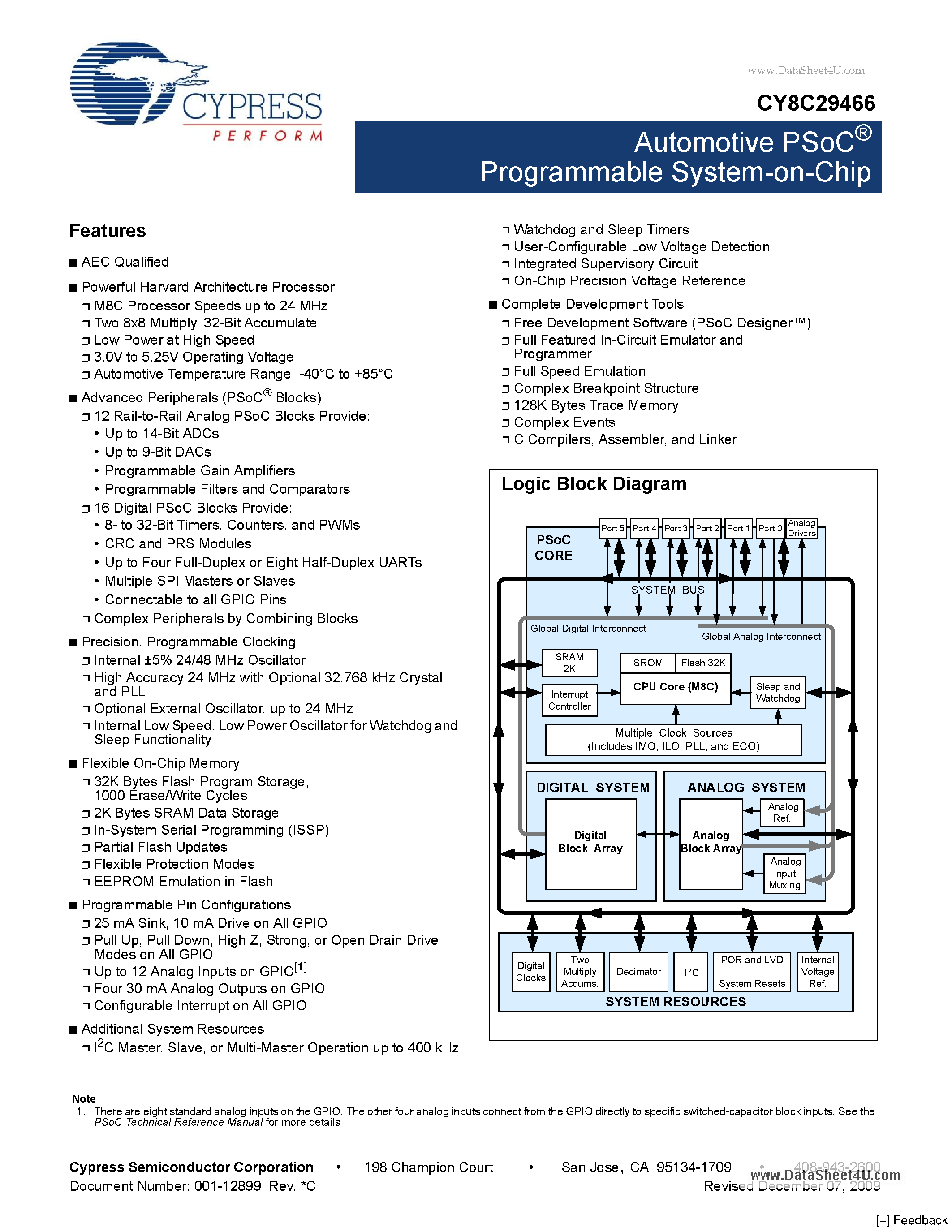 Datasheet CY8C29466-A - Automotive PSoC Programmable System-on-Chip page 1