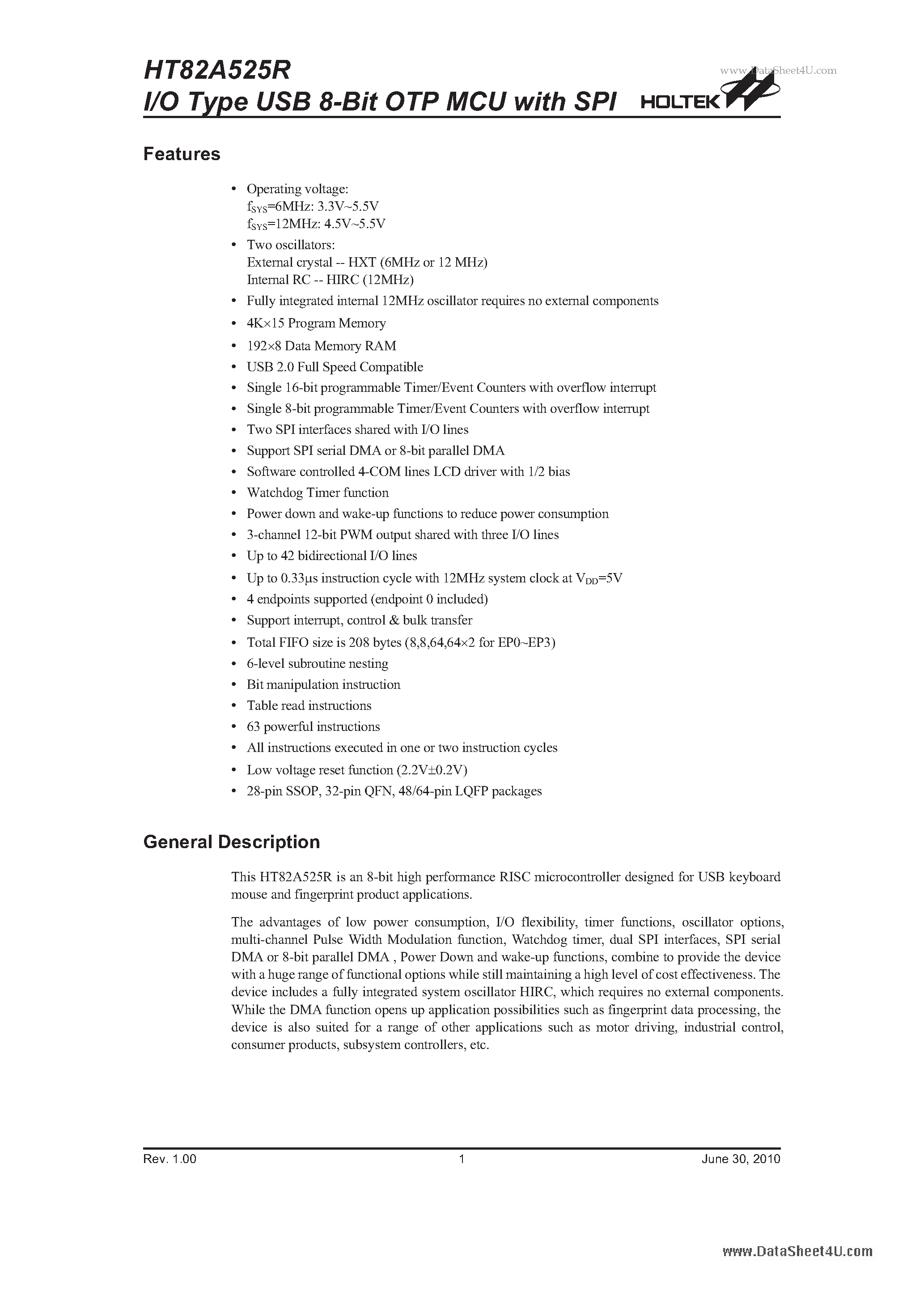 Datasheet HT82A525R page 1 Datasheet HT82A525R - I/O Type USB 8-Bit OTP MCU page 1