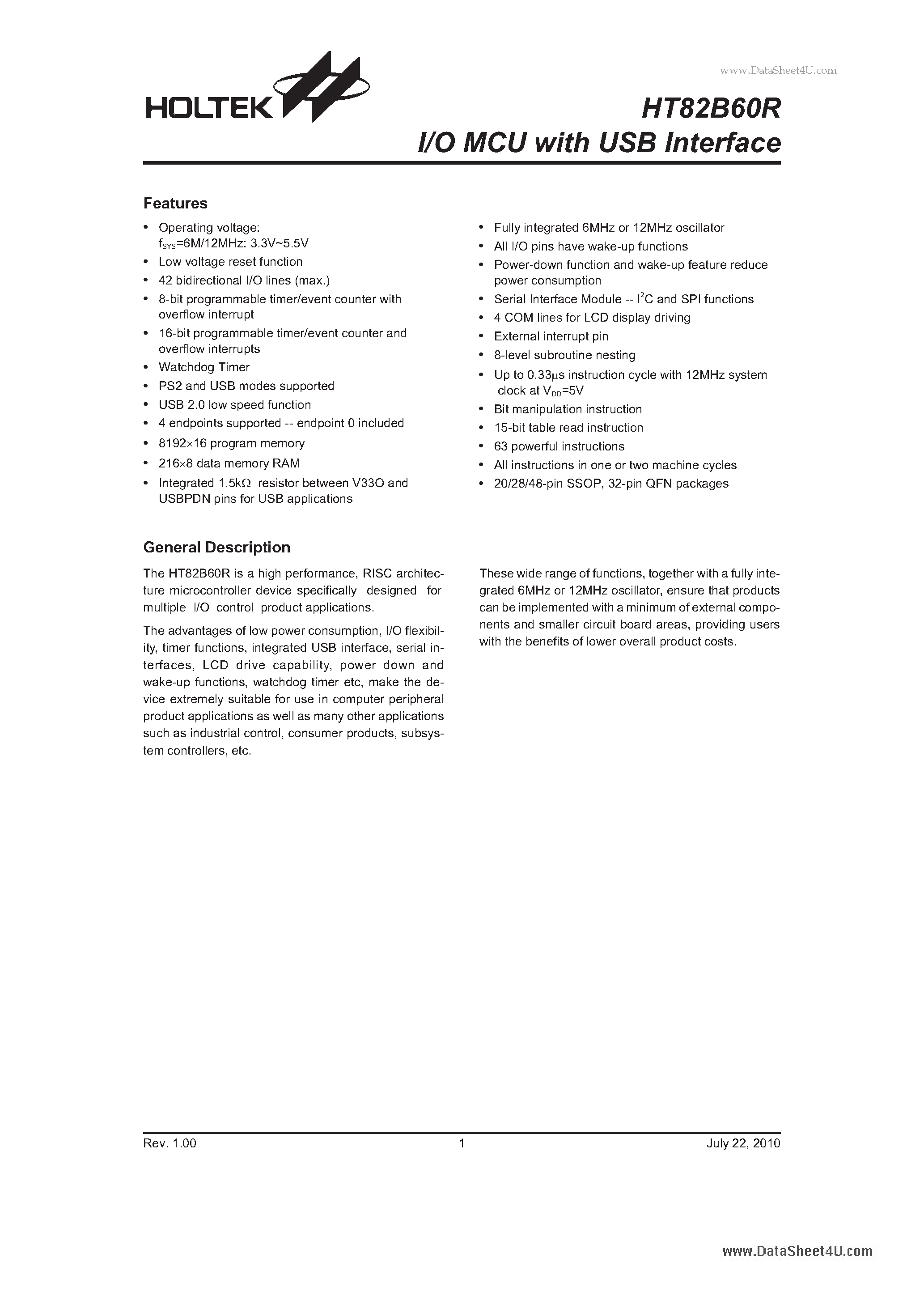 Datasheet HT82B60R page 1 Datasheet HT82B60R - I/O MCU page 1