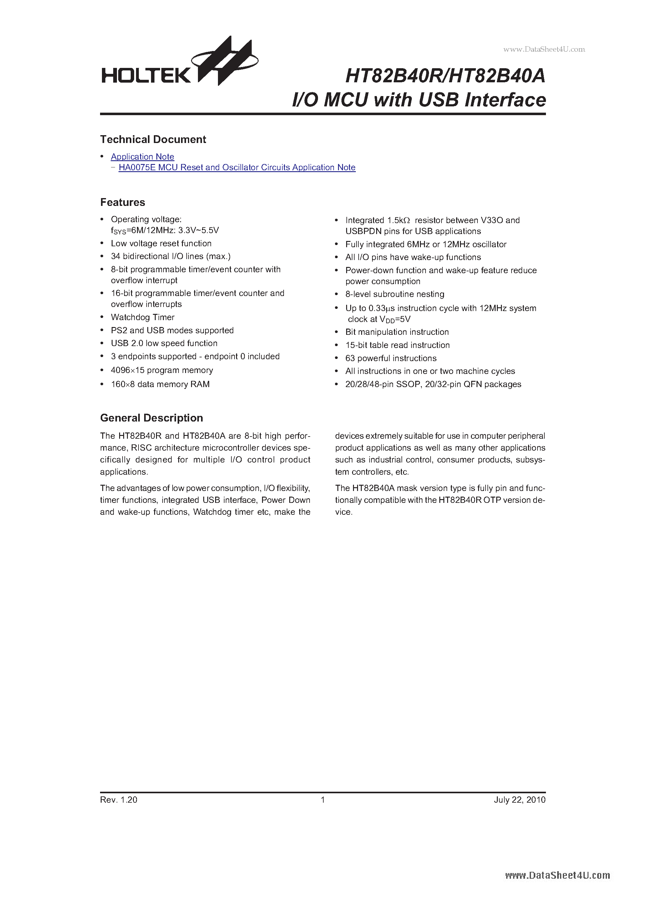 Datasheet HT82B40A - I/O MCU page 1