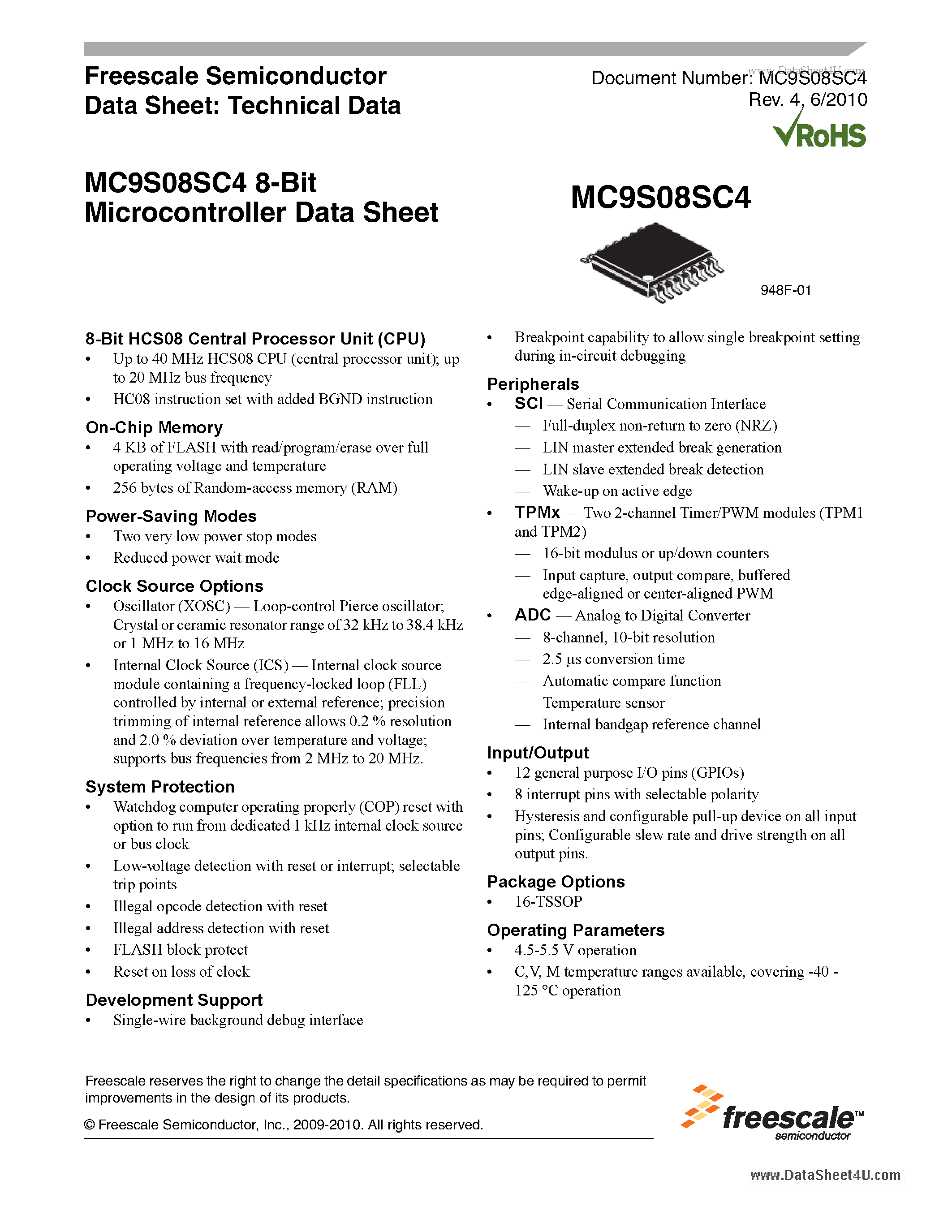 Даташит на микросхему MC9S08SC4 страница 1 Даташит MC9S08SC4 - 8-Bit Microcontroller страница 1