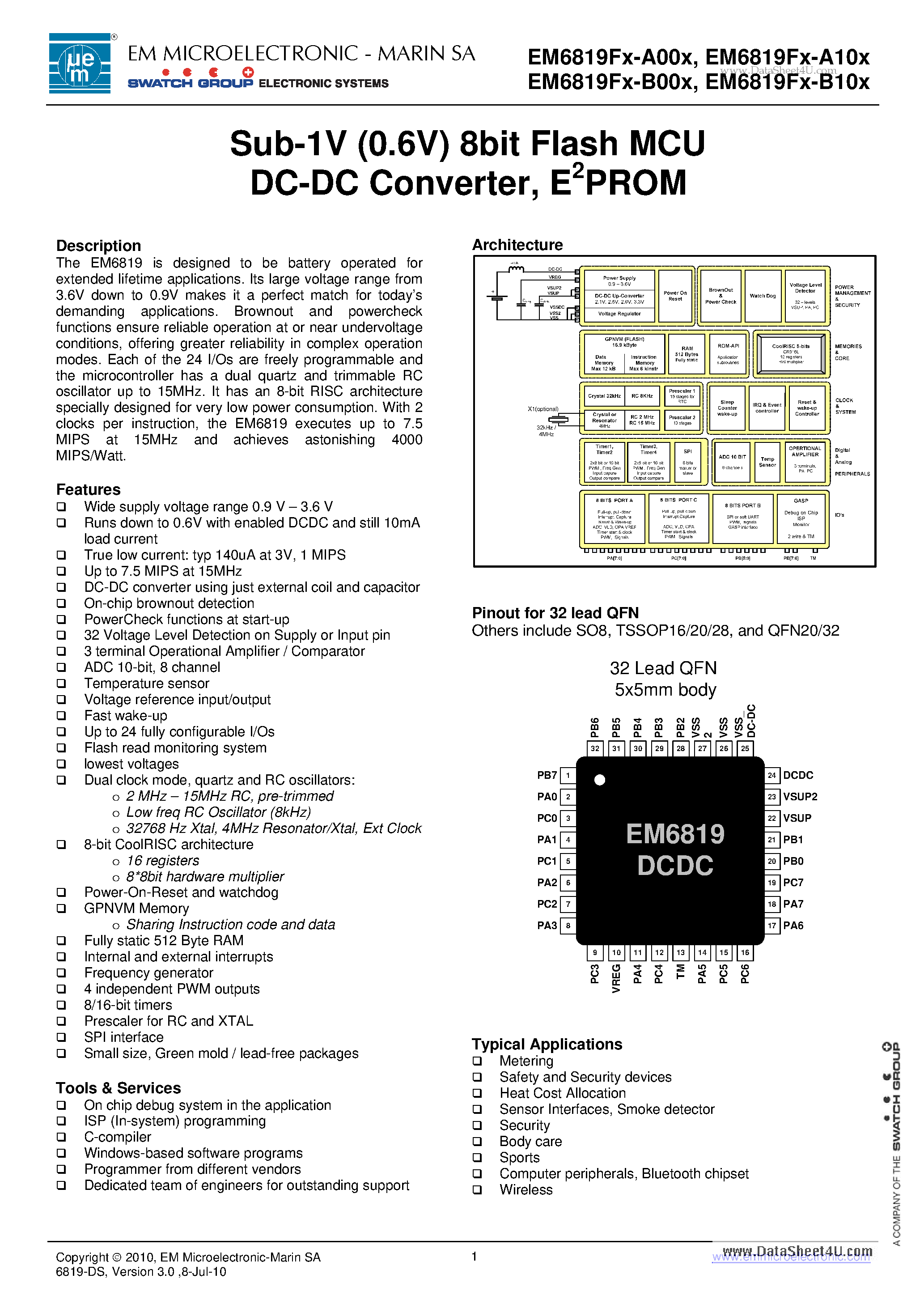 Datasheet EM6819Fx-A00x page 1 Datasheet EM6819Fx-A00x - Sub-1V (0.6V) 8bit Flash MCU DC-DC Converter E2PROM page 1