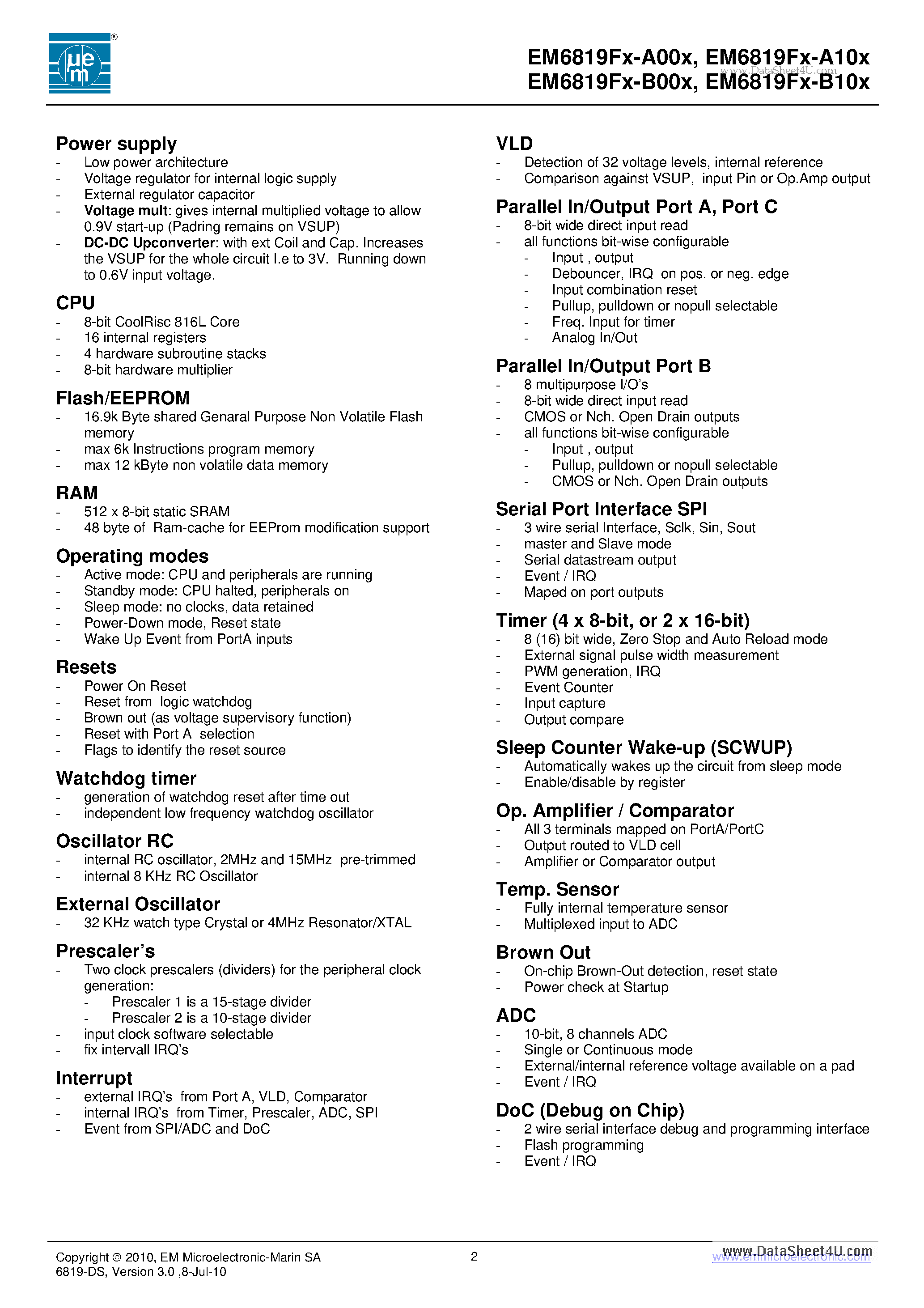Datasheet EM6819Fx-A00x page 2 Datasheet EM6819Fx-A00x - Sub-1V (0.6V) 8bit Flash MCU DC-DC Converter E2PROM page 2