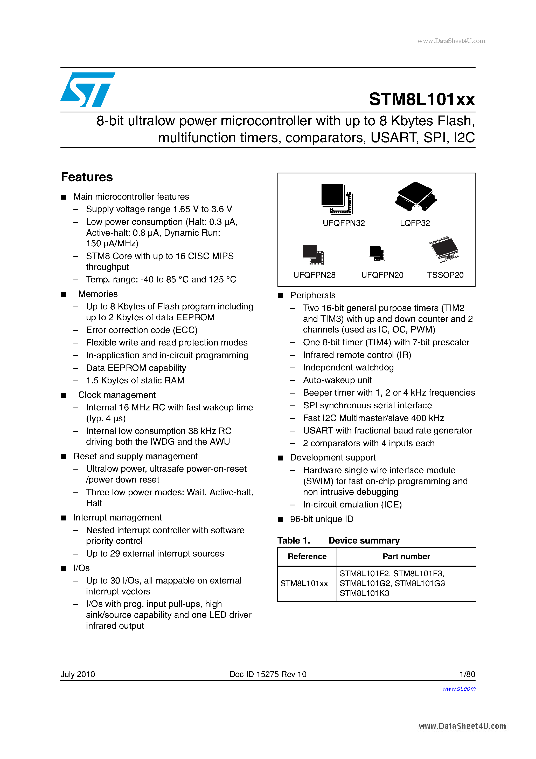 Datasheet STM8L101F2 page 1 Datasheet STM8L101F2 - STM8L EnergyLite 8-bit MCUs 8-bit ultralow power microcontroller page 1