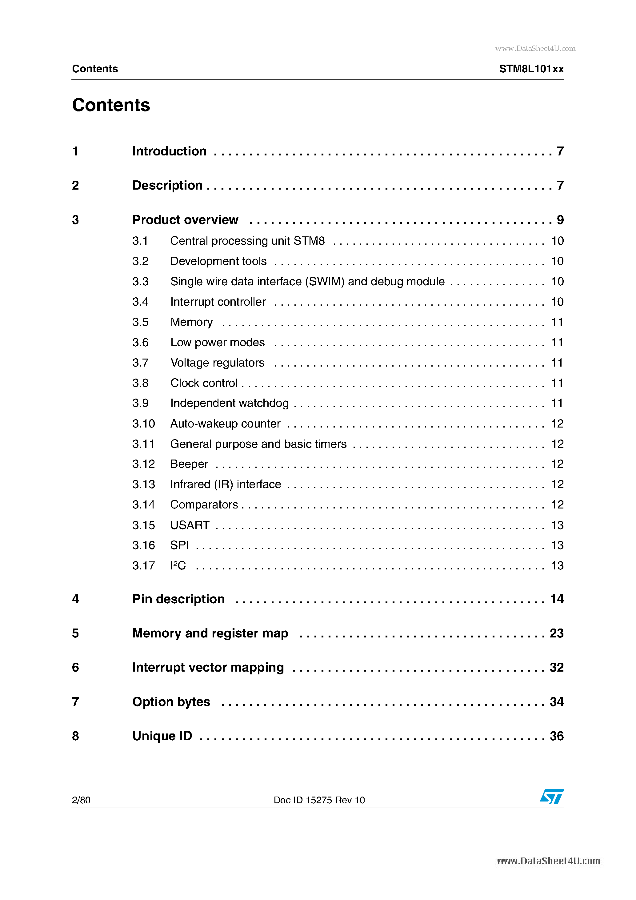 Datasheet STM8L101F2 page 2 Datasheet STM8L101F2 - STM8L EnergyLite 8-bit MCUs 8-bit ultralow power microcontroller page 2