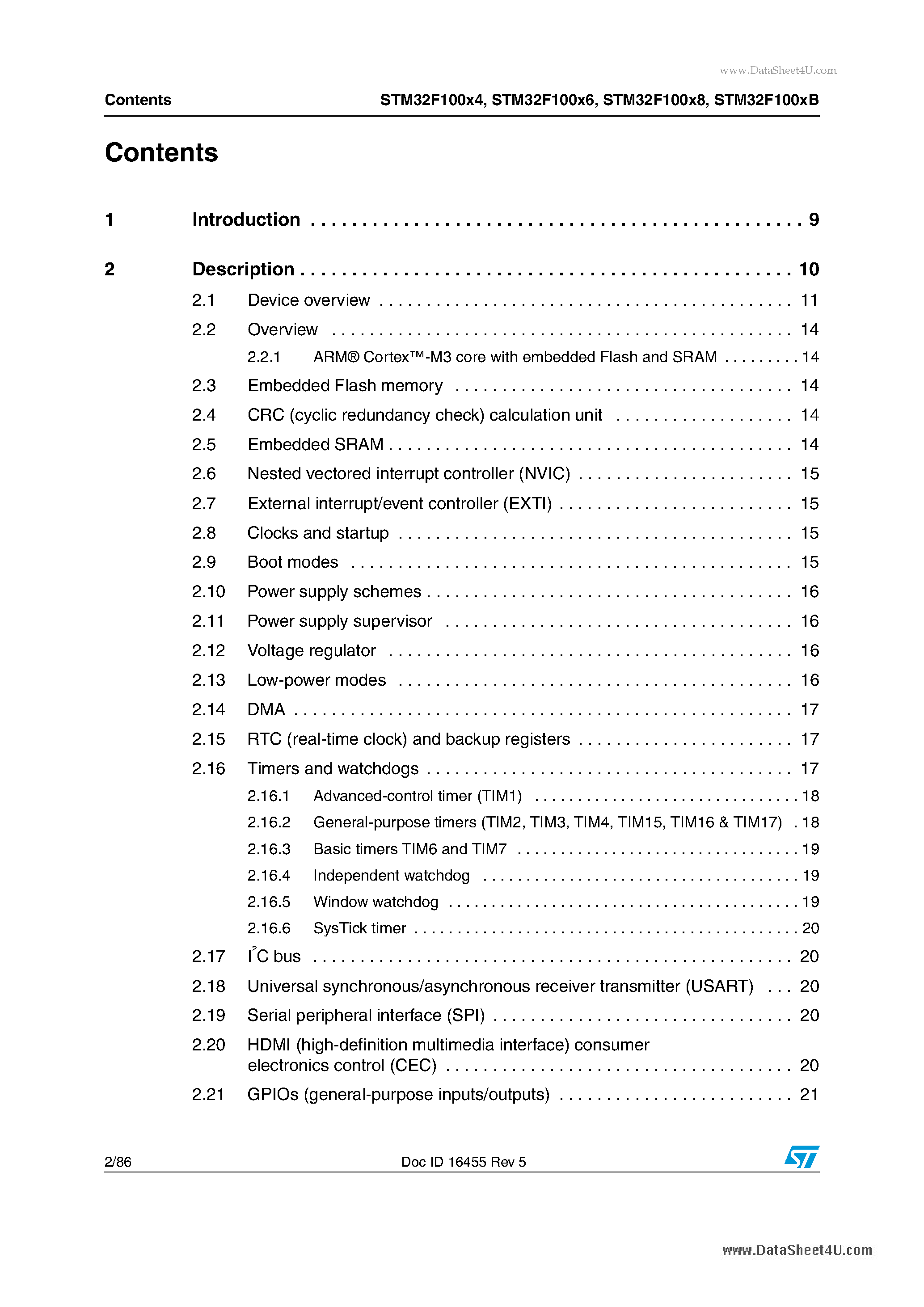 Datasheet STM32F100x4 page 2 Datasheet STM32F100x4 - Low & medium-density value line advanced ARM-based 32-bit MCU page 2