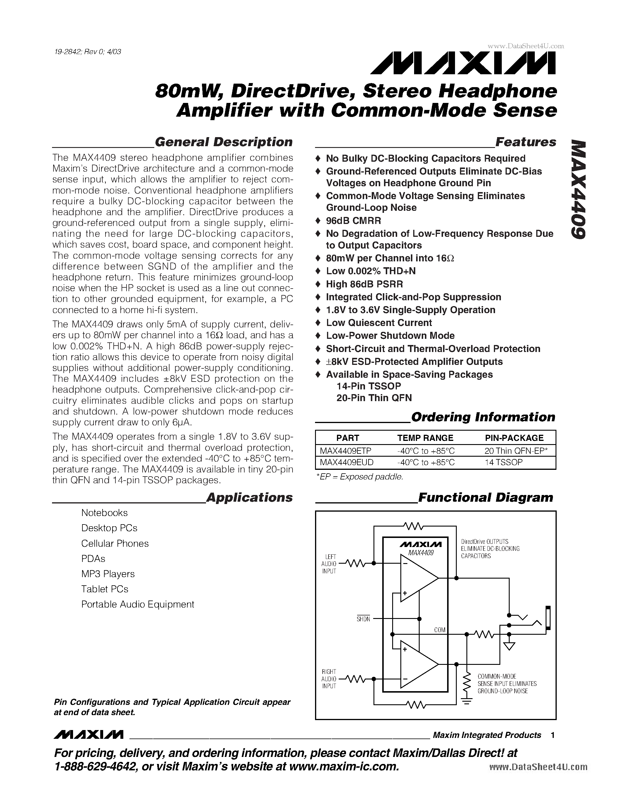 Даташит MAX4409 - Stereo Headphone Amplifier страница 1