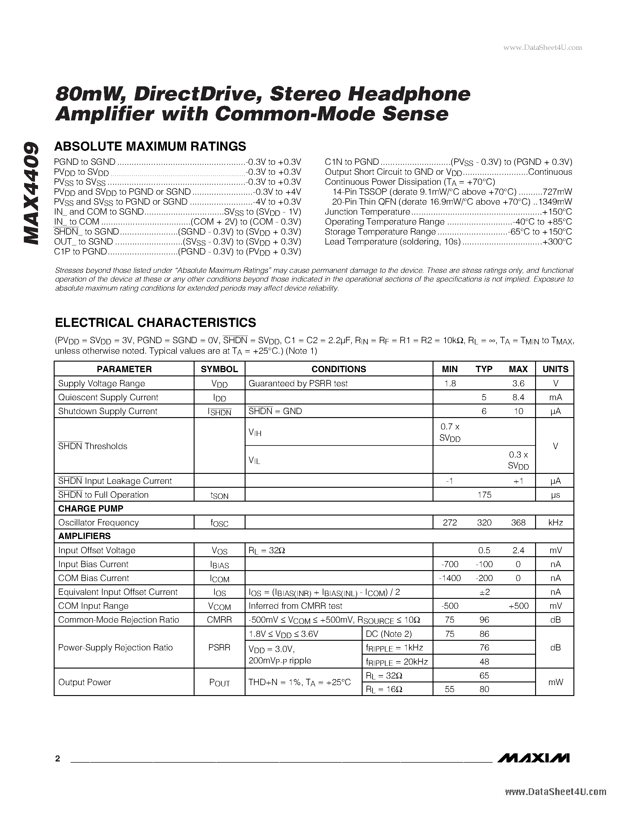 Даташит MAX4409 - Stereo Headphone Amplifier страница 2