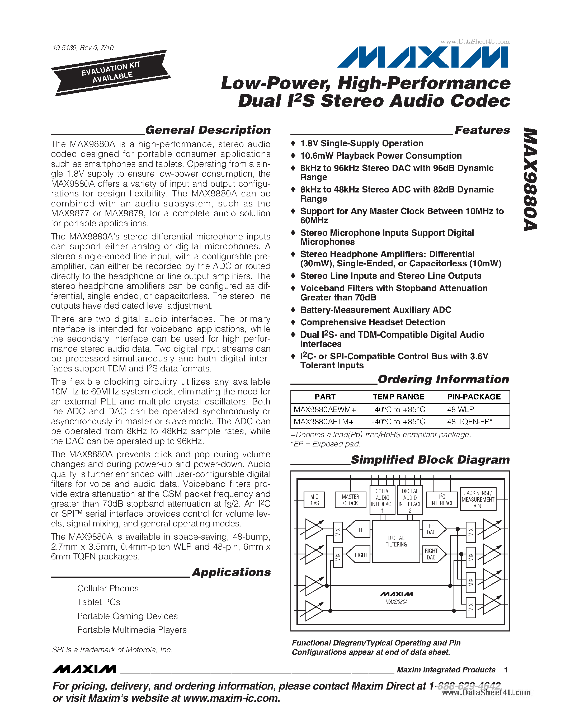 Даташит MAX9880A - High-Performance Dual I2S Stereo Audio Codec страница 1