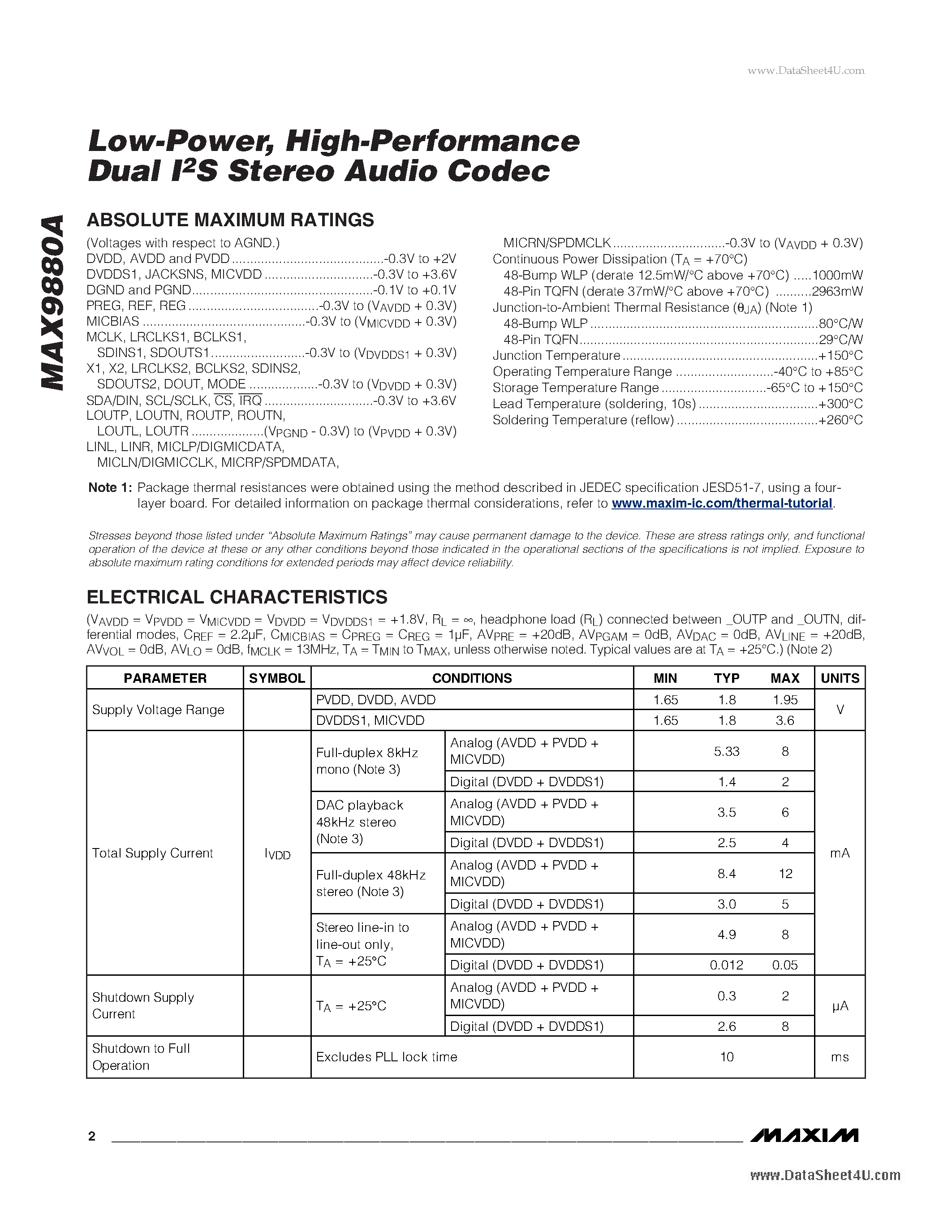 Даташит MAX9880A - High-Performance Dual I2S Stereo Audio Codec страница 2