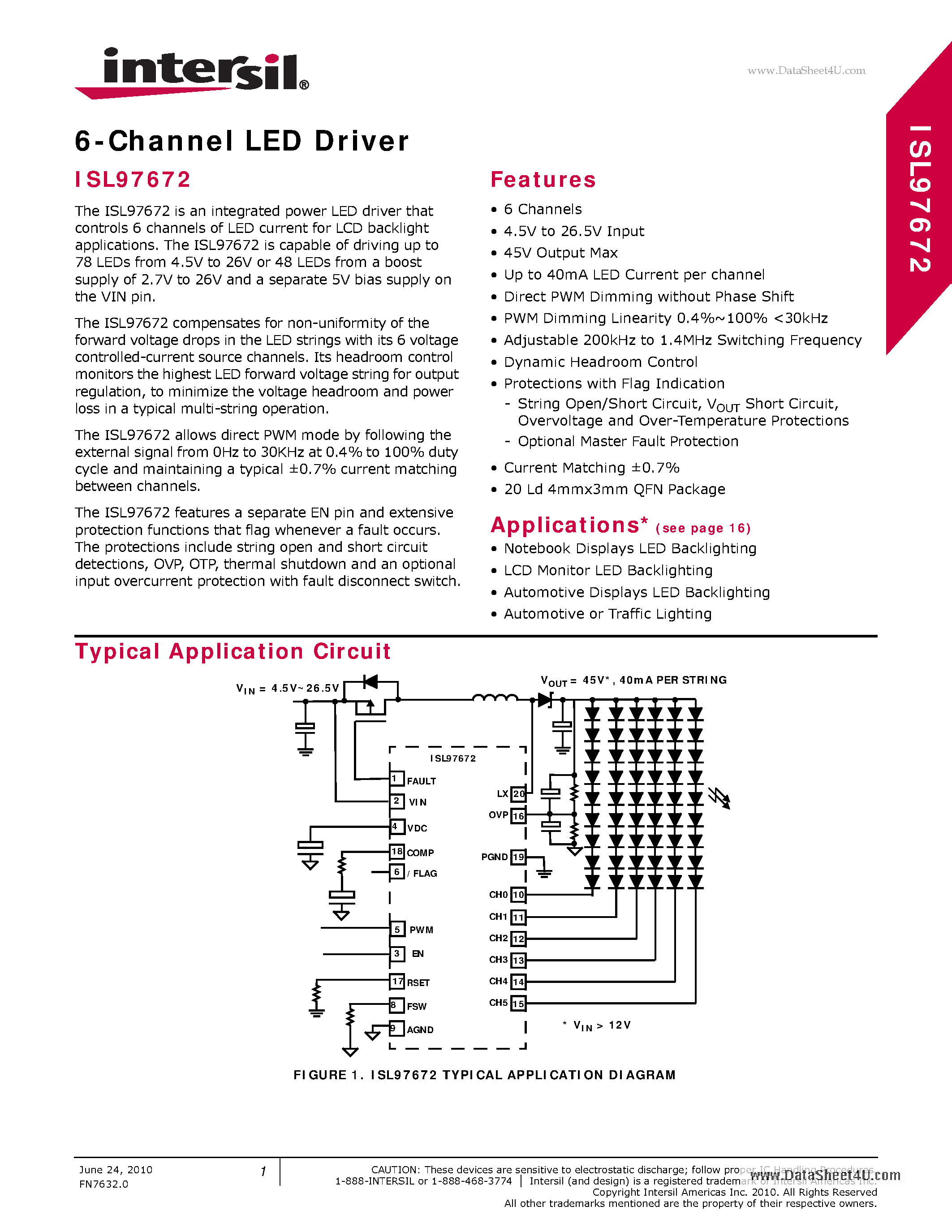 Datasheet ISL97672 page 1 Datasheet ISL97672 - 6-Channel LED Driver page 1