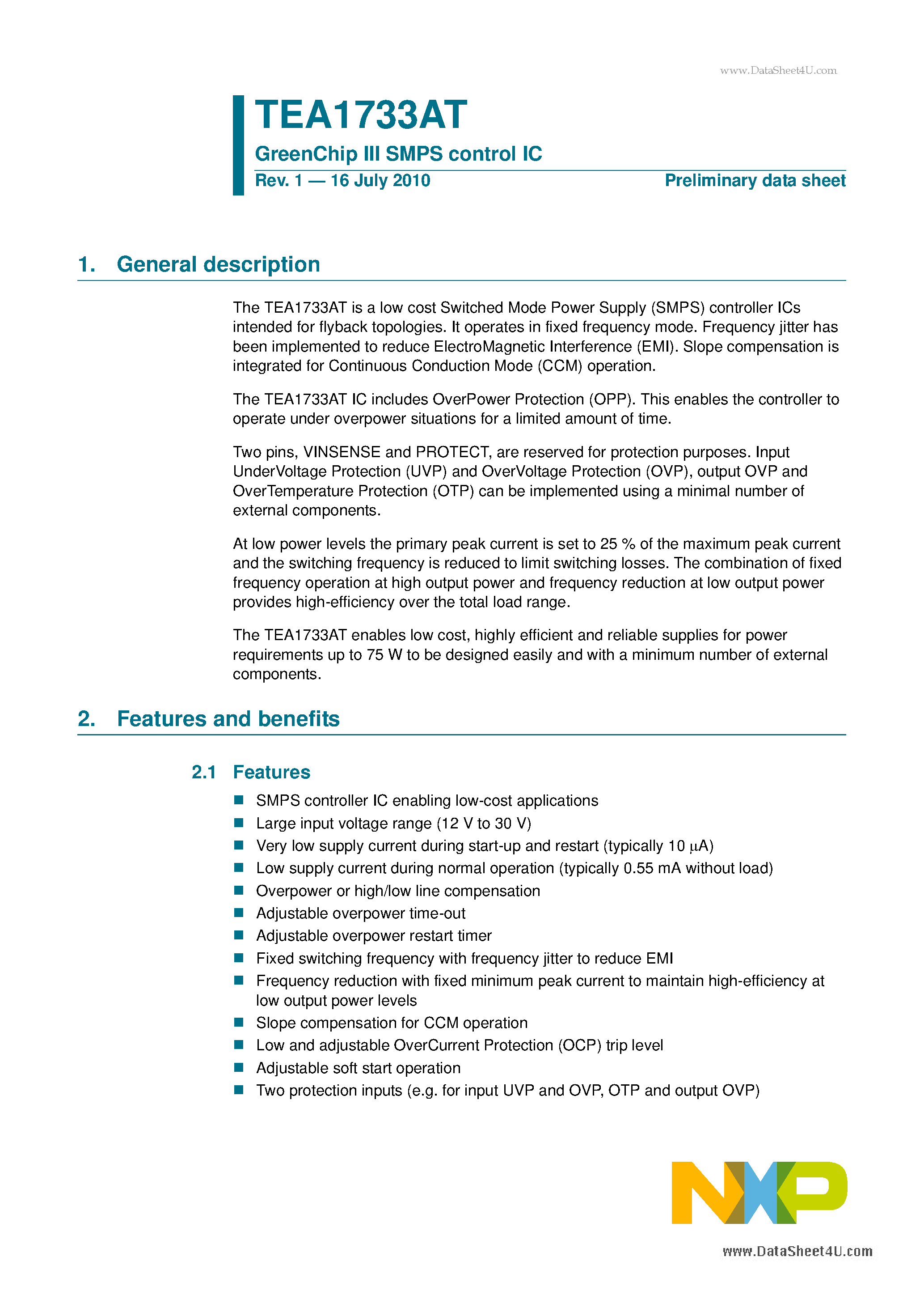 Datasheet TEA1733AT page 1 Datasheet TEA1733AT - GreenChip III SMPS Control IC page 1