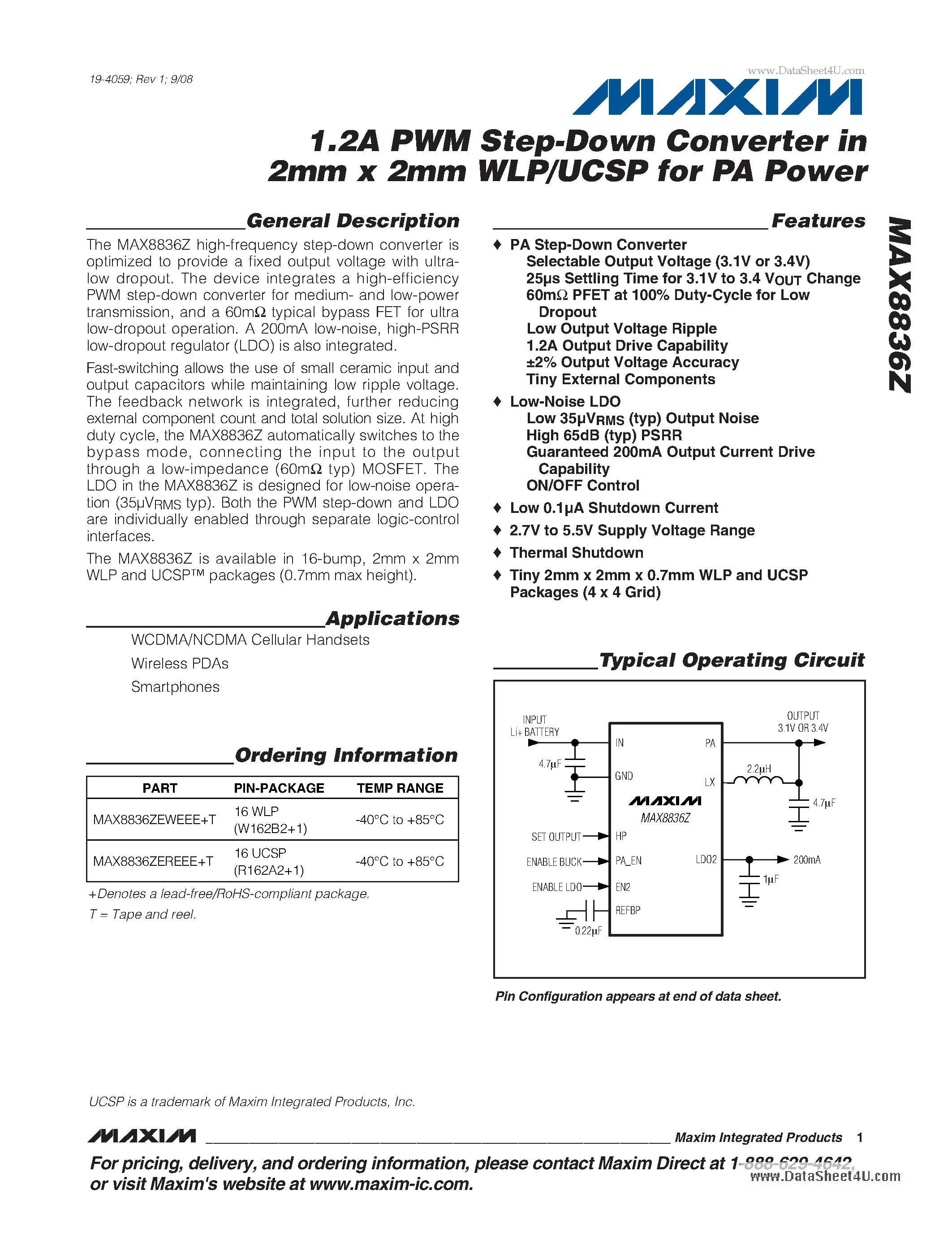 Datasheet MAX8836Z - 1.2A PWM Step-Down Converter In 2mm X 2mm WLP/UCSP page 1