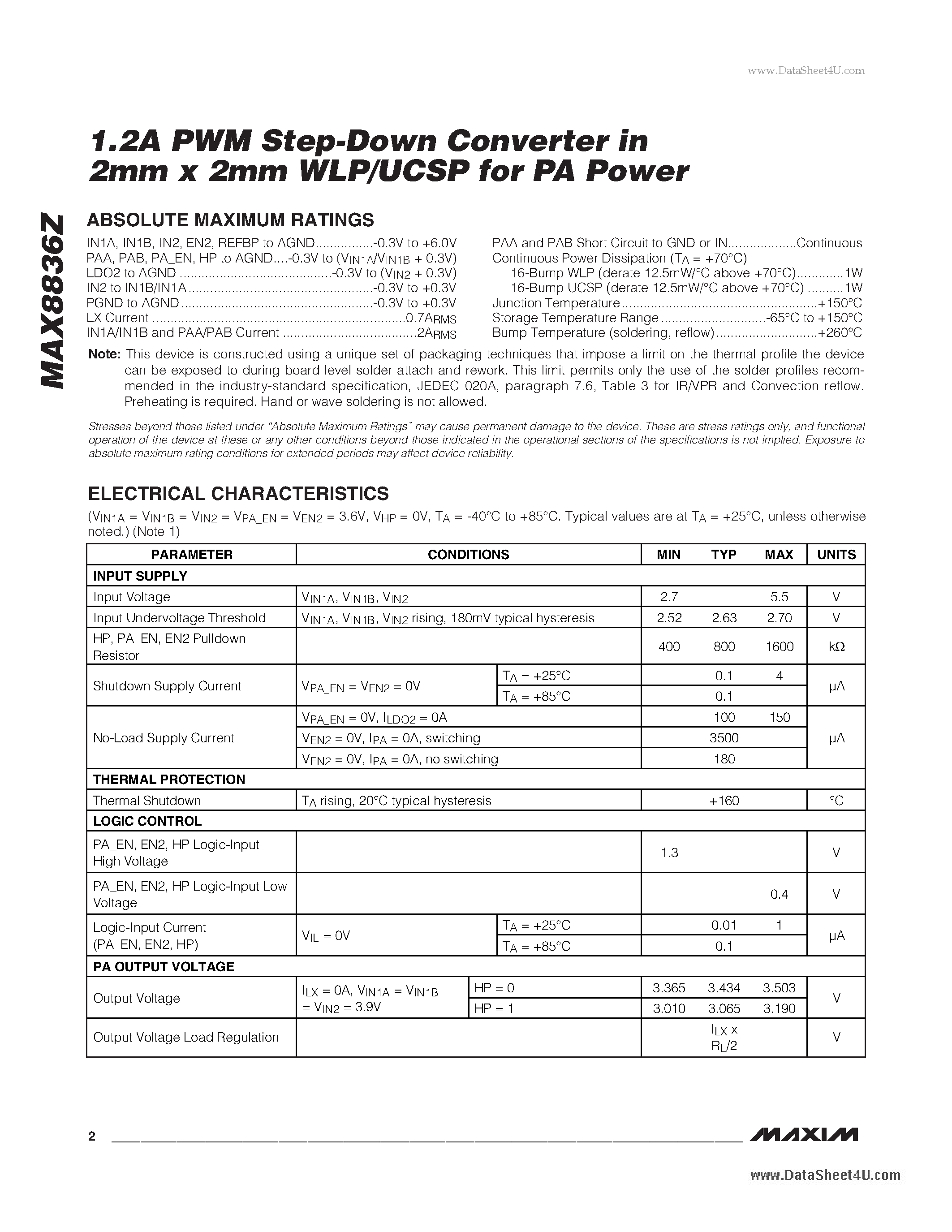 Datasheet MAX8836Z - 1.2A PWM Step-Down Converter In 2mm X 2mm WLP/UCSP page 2