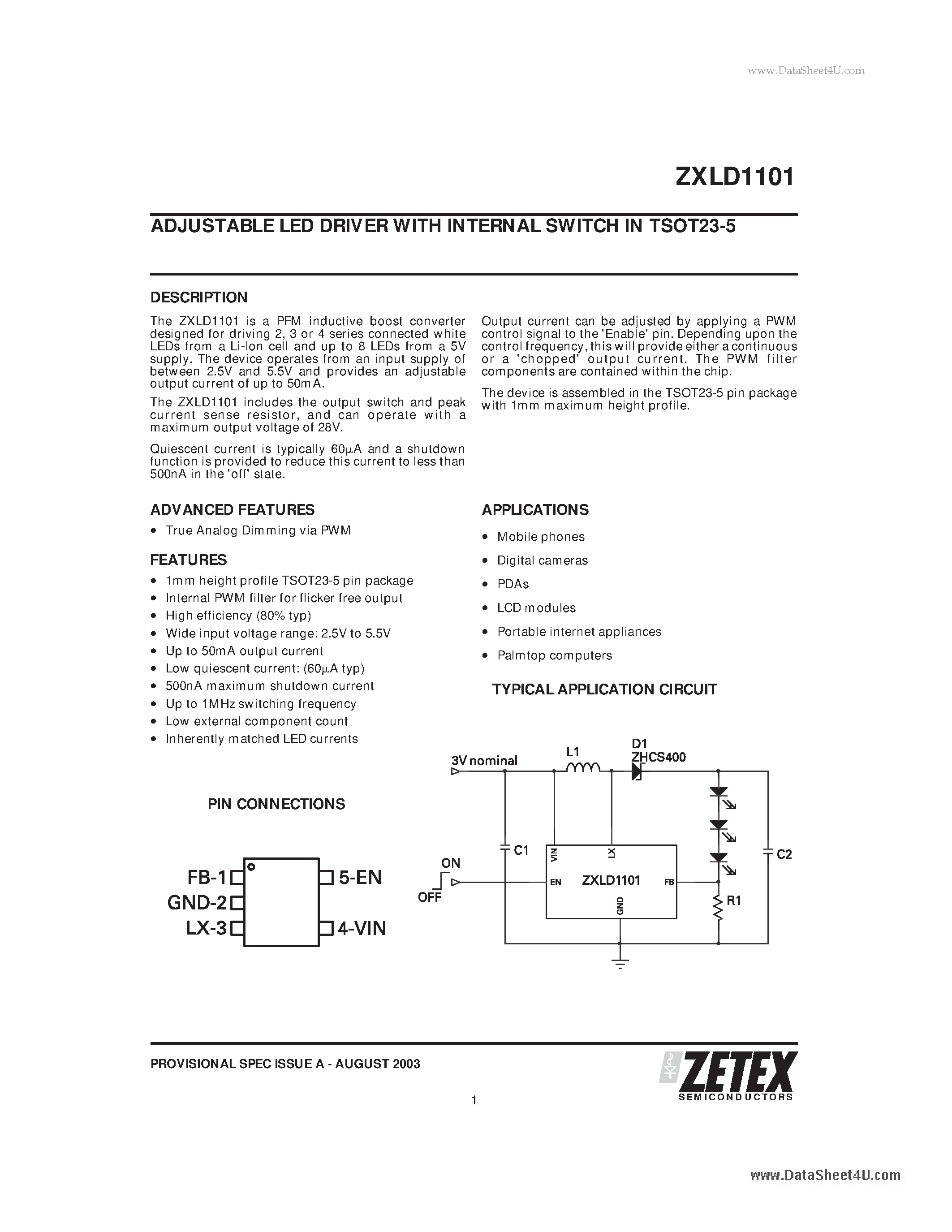 Даташит на микросхему ZXLD1101 страница 1 Даташит ZXLD1101 - ADJUSTABLE LED DRIVER WITH INTERNAL SWITCH страница 1