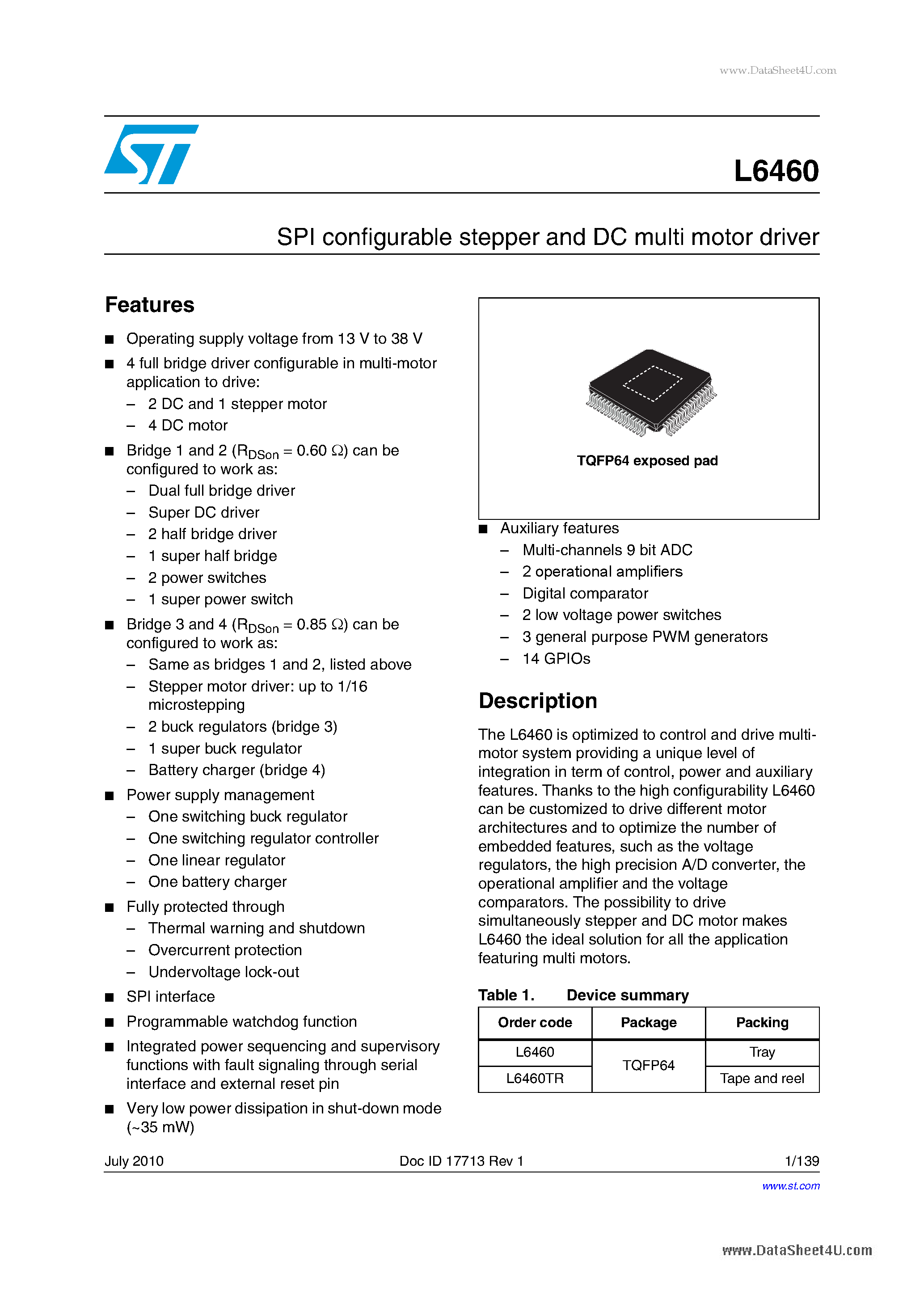 Даташит L6460 - SPI Configurable Stepper And DC Multi Motor Driver страница 1
