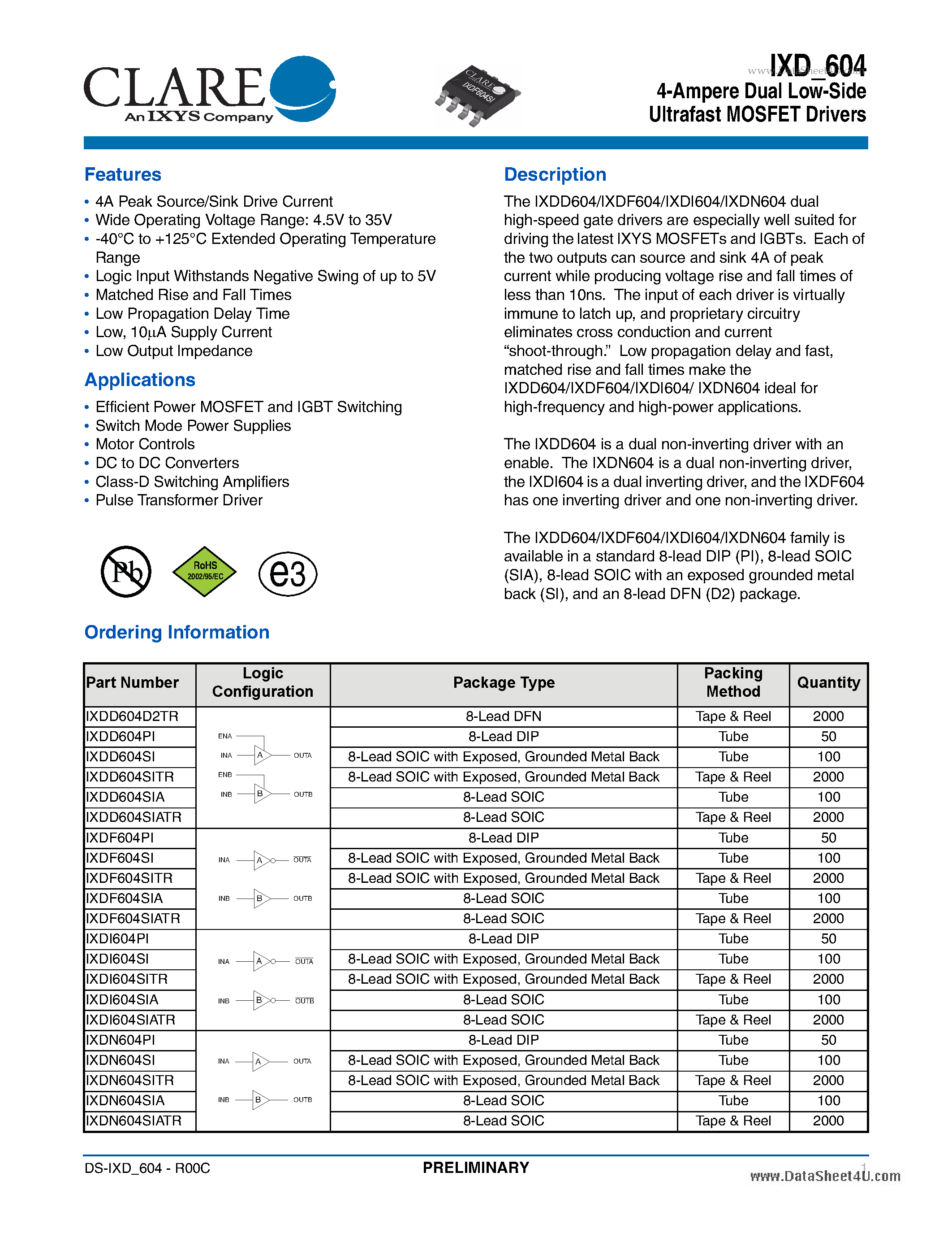 Даташит на микросхему IXDF604 страница 1 Даташит IXDF604 - 4-Ampere Dual Low-Side Ultrafast MOSFET Drivers страница 1
