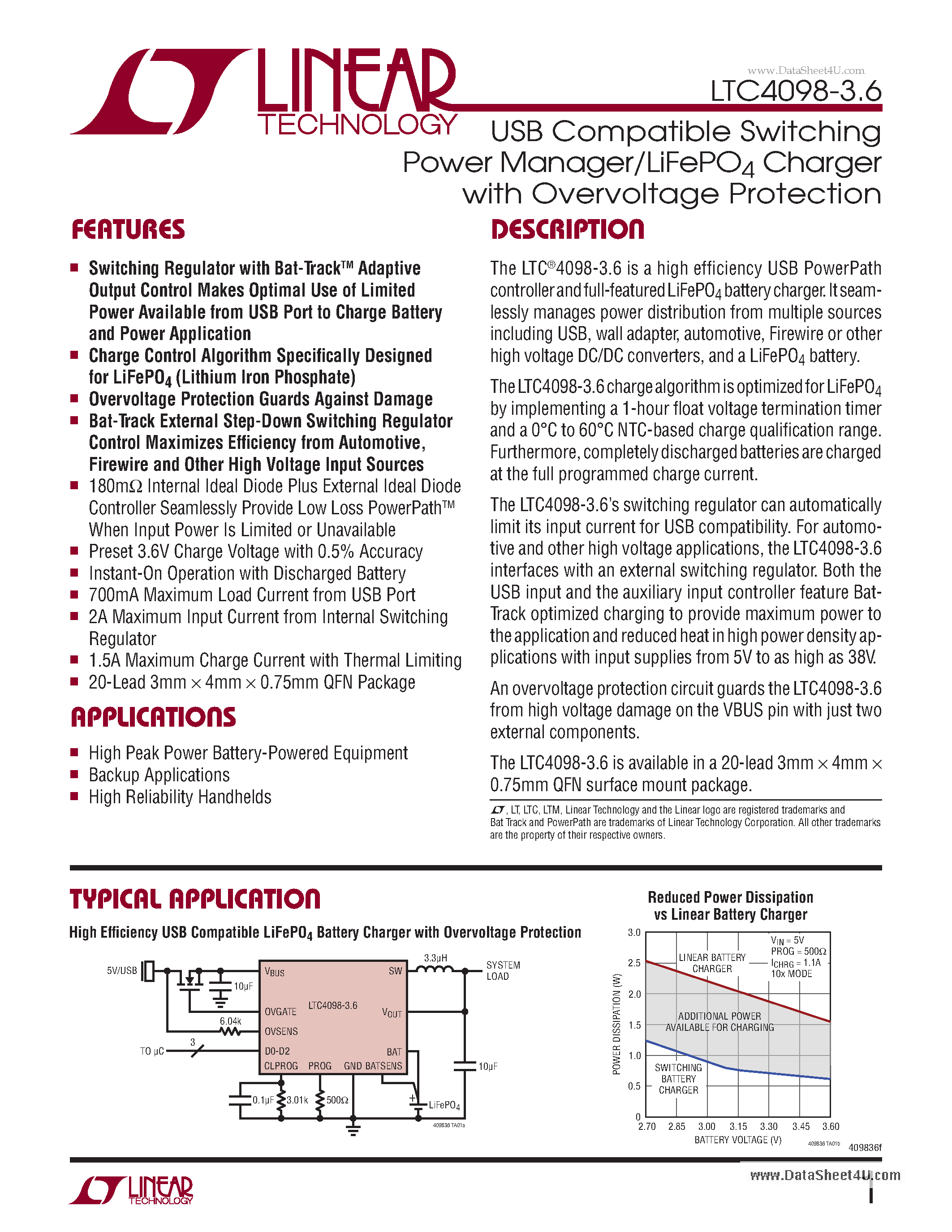 Datasheet LTC4098-3.6 page 1 Datasheet LTC4098-3.6 - USB Compatible Switching Power Manager/LiFePO4 Charger page 1