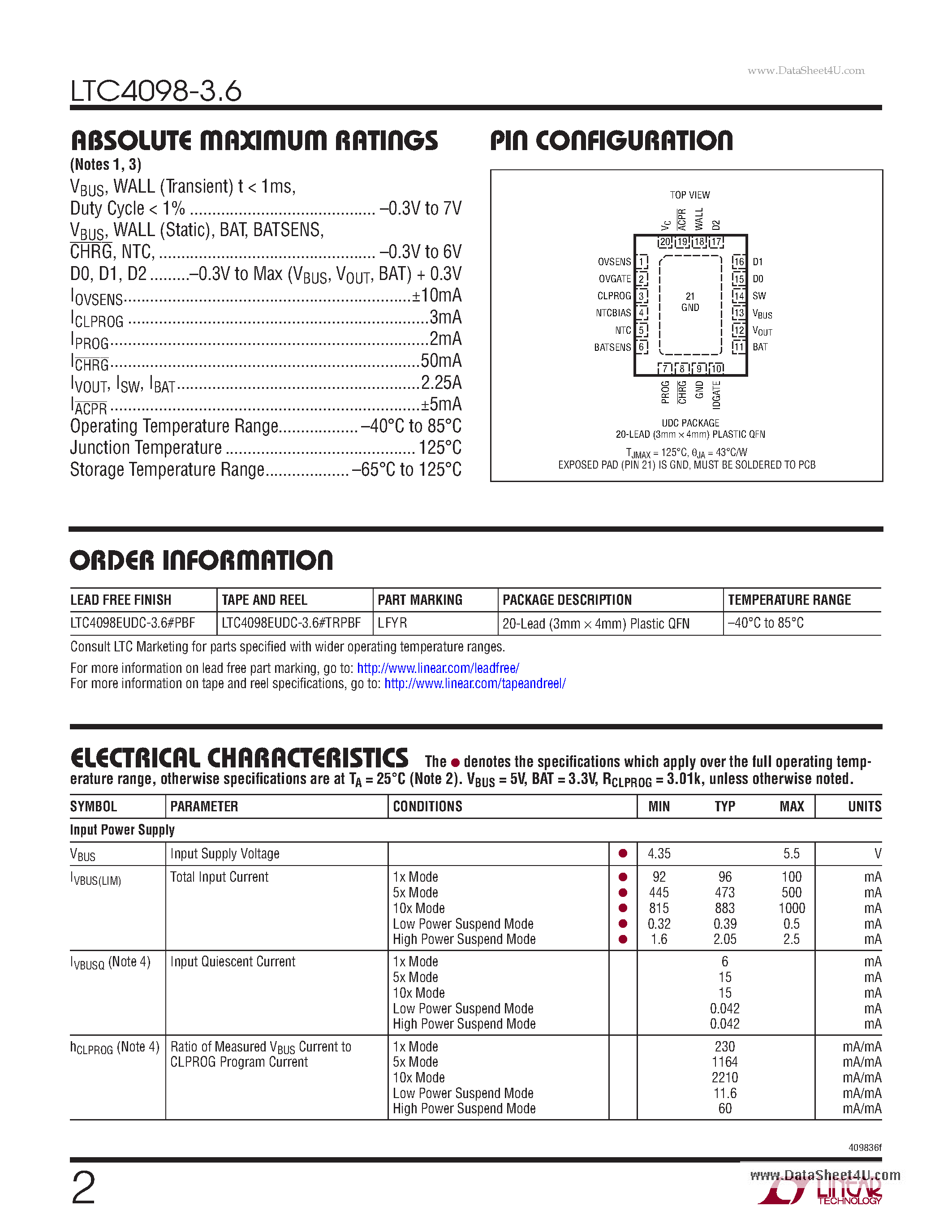 Datasheet LTC4098-3.6 page 2 Datasheet LTC4098-3.6 - USB Compatible Switching Power Manager/LiFePO4 Charger page 2