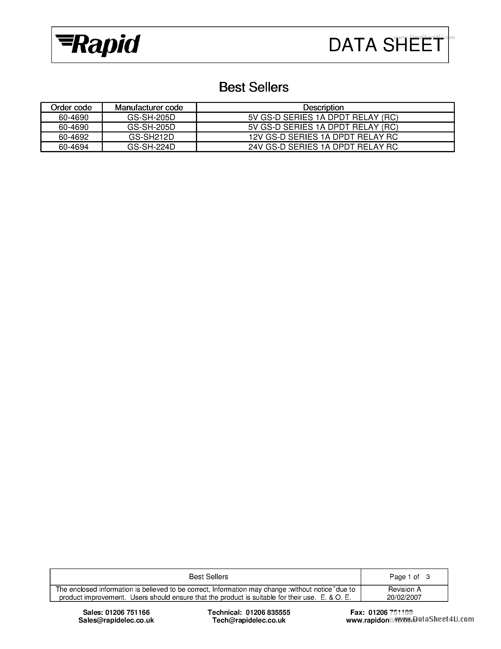 Даташит GS-SH-203D - Relay страница 1