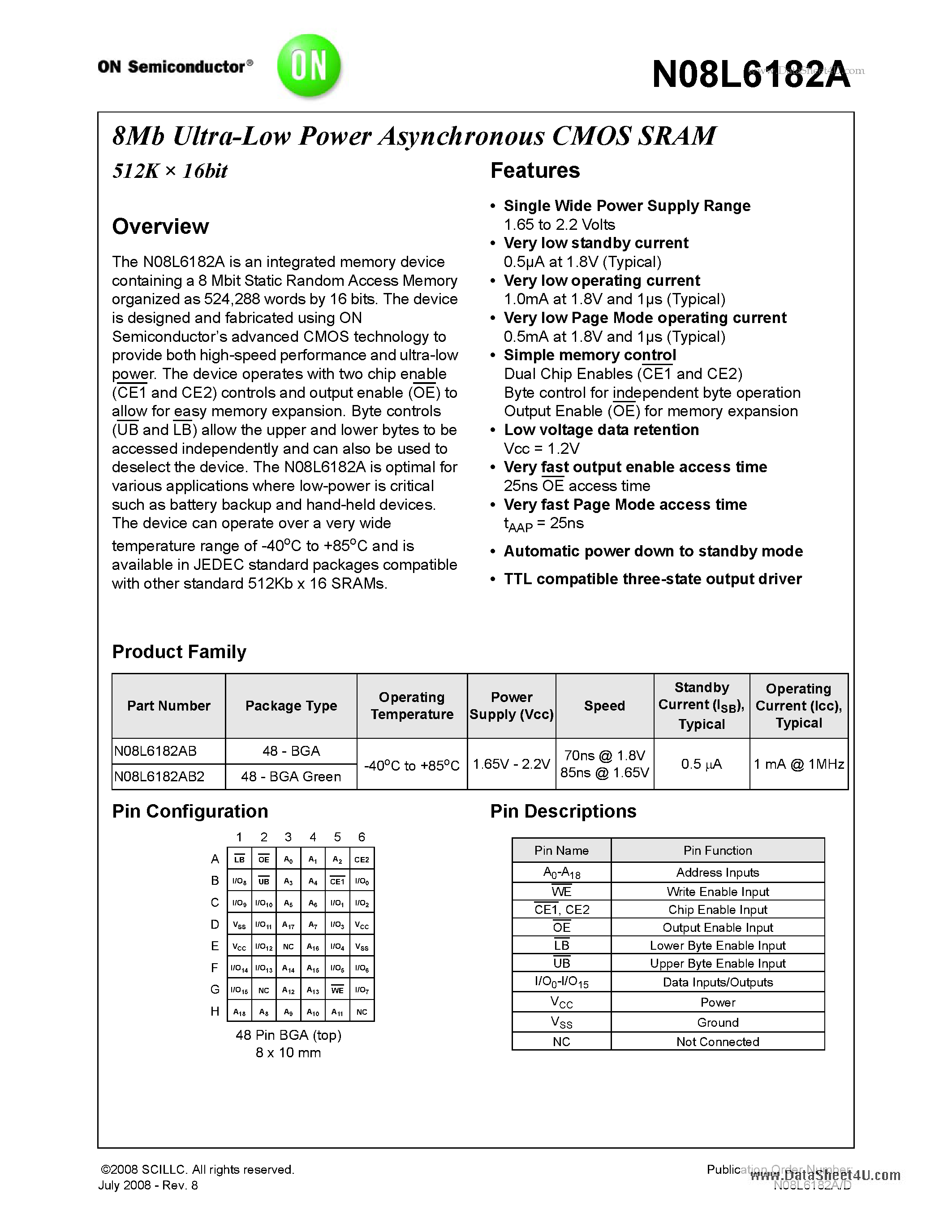 Даташит на микросхему N08L6182A страница 1 Даташит N08L6182A - 8Mb Ultra-Low Power Asynchronous CMOS SRAM 512K X 16bit страница 1