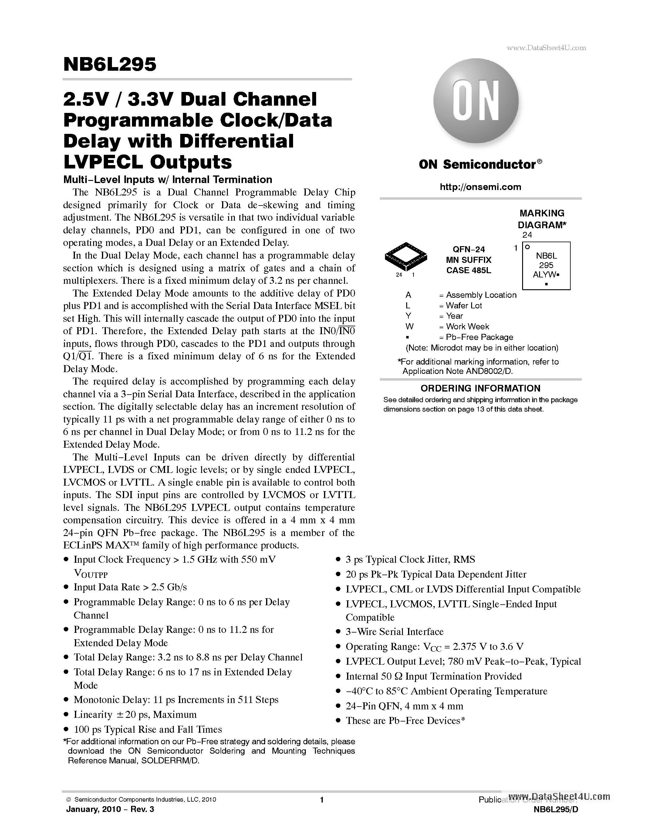 Datasheet NB6L295 - 2.5V / 3.3V Dual Channel Programmable Clock/Data Delay page 1
