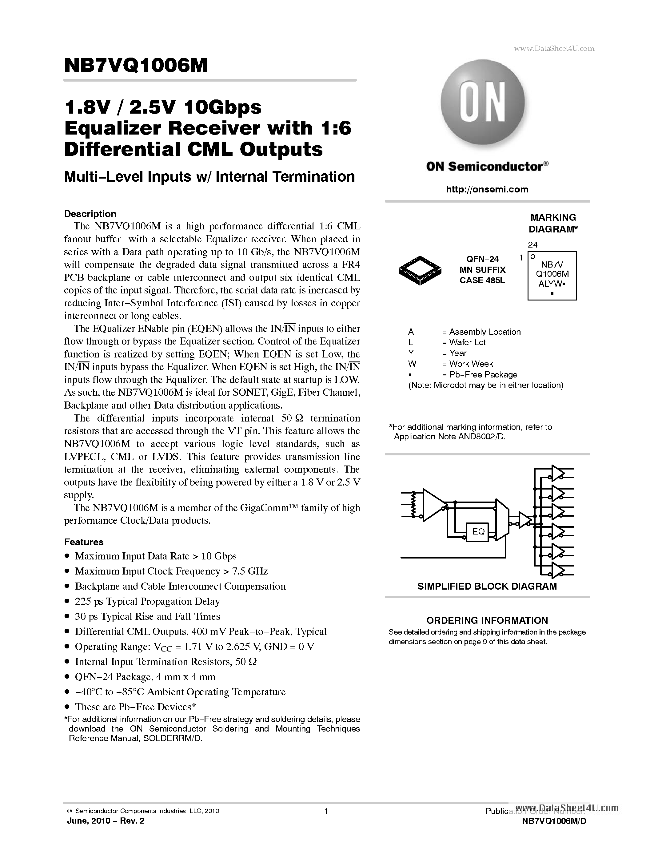 Datasheet NB7VQ1006M - 1.8V / 2.5V 10Gbps Equalizer Receiver page 1