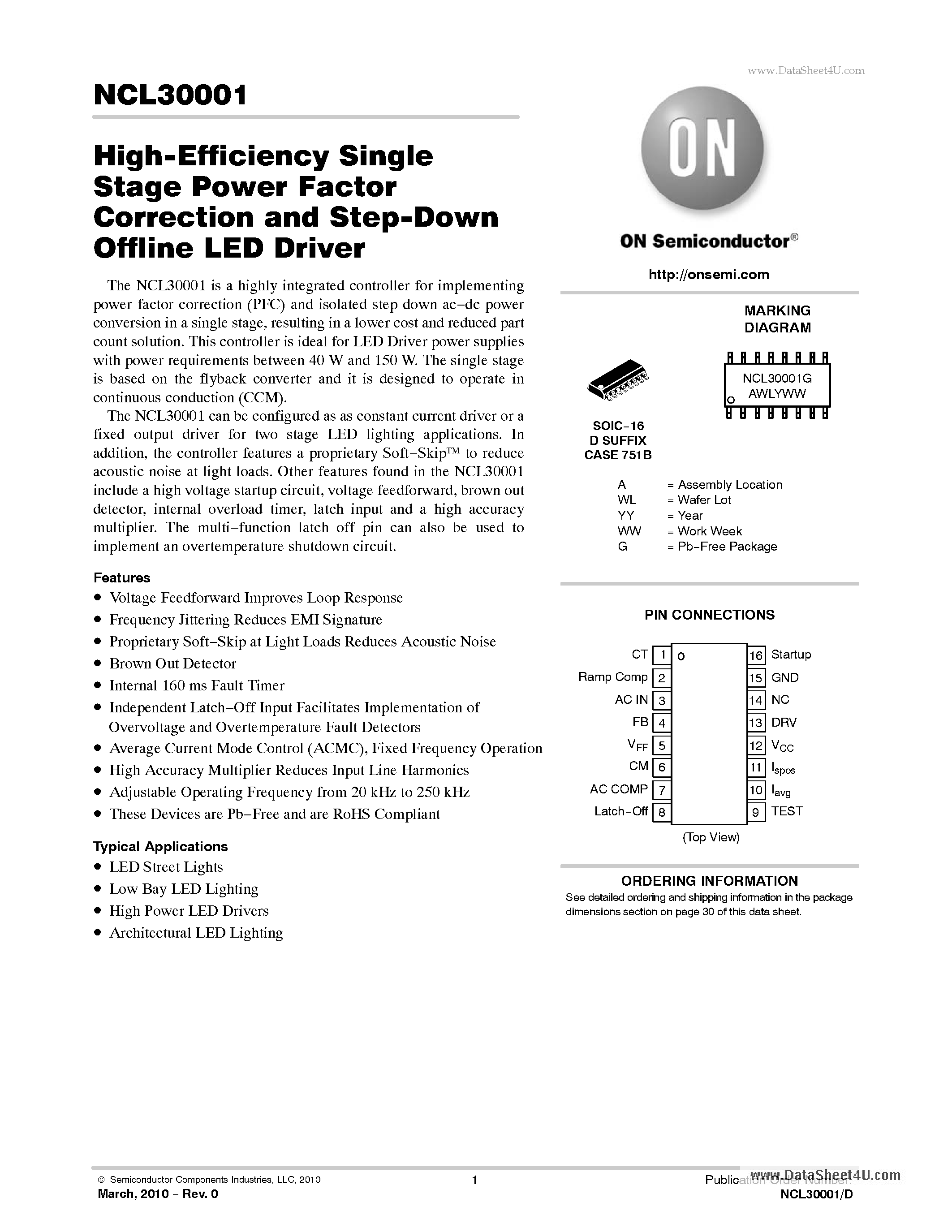 Datasheet NCL30001 - High-Efficiency Single Stage Power Factor Correction and Step-Down Offline LED Driver page 1