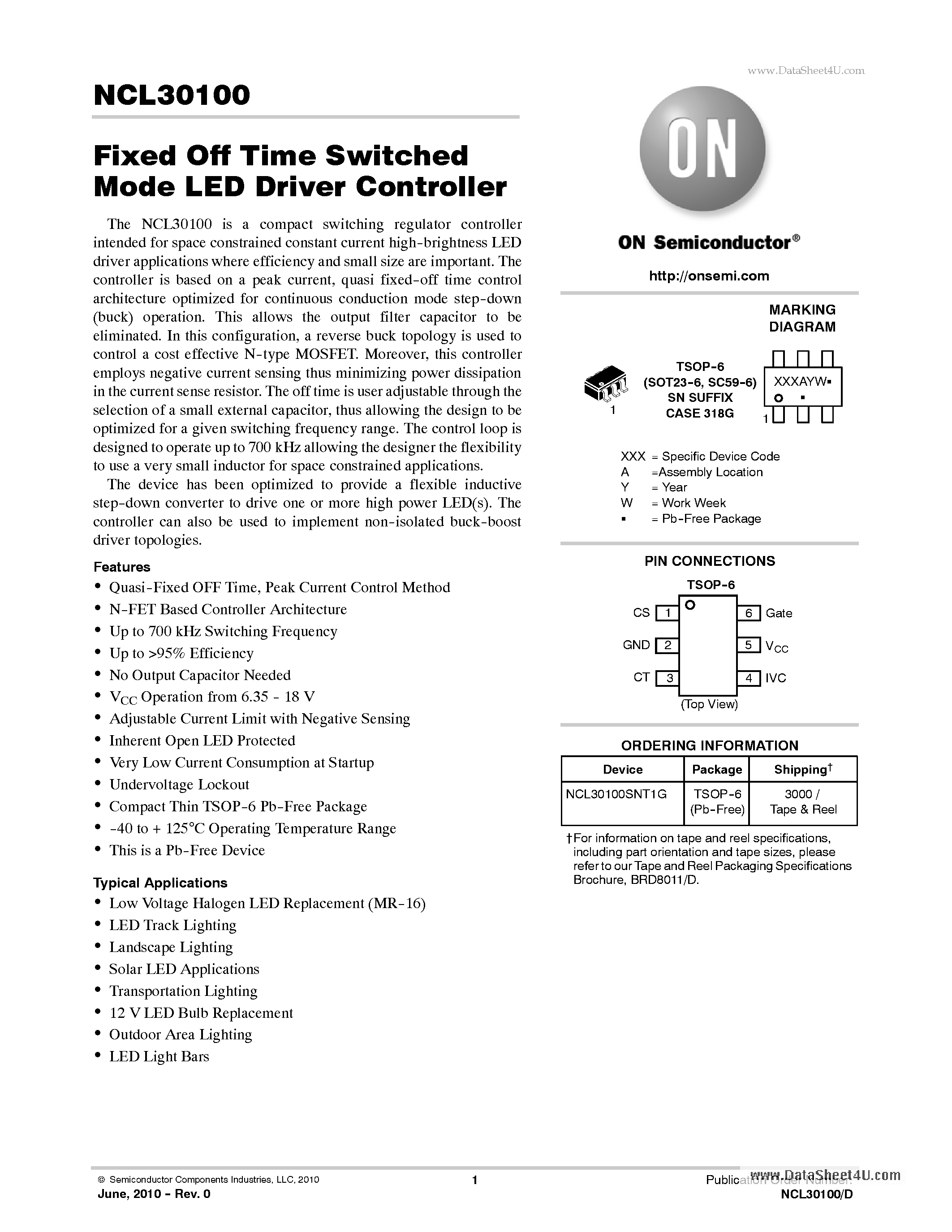 Datasheet NCL30100 page 1 Datasheet NCL30100 - Fixed Off Time Switched Mode LED Driver Controller page 1