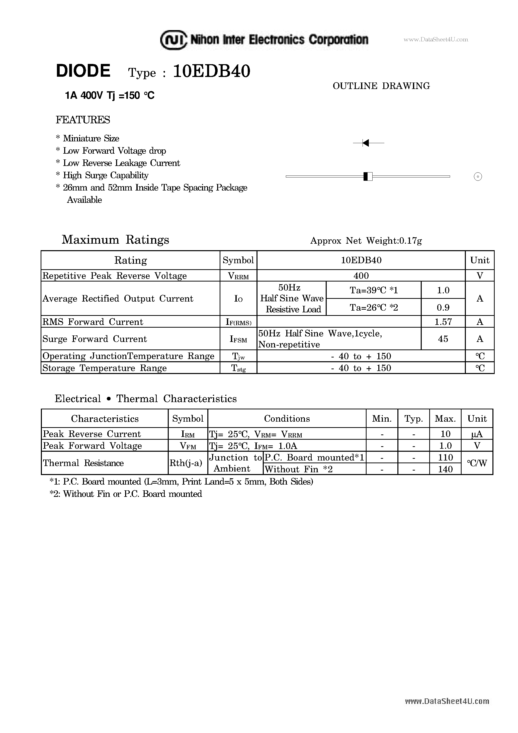 Datasheet 10EDB40 page 1 Datasheet 10EDB40 - DIODE - 1A 400V TJ = 150C page 1