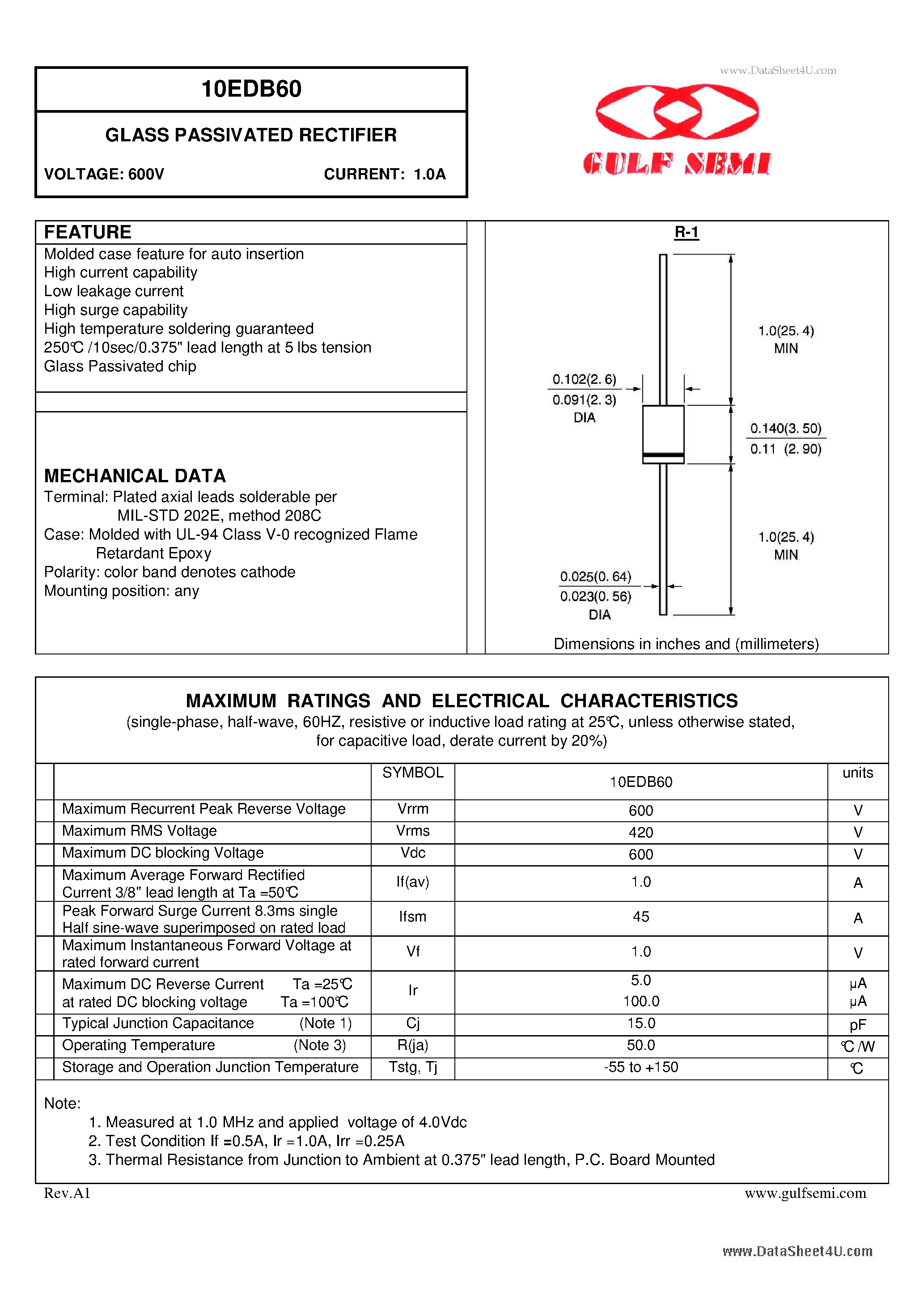 Datasheet 10EDB60 - GLASS PASSIVATED RECTIFIER VOLTAGE: 600V CURRENT: 1.0A page 1
