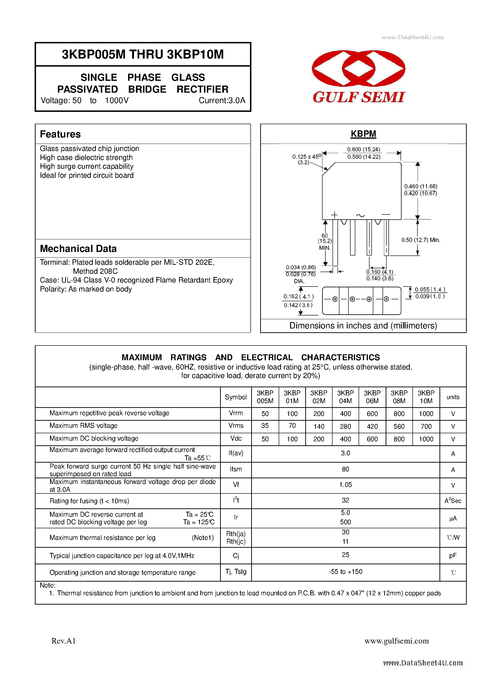 Datasheet 3KBP005M - SINGLE PHASE GLASS PASSIVATED BRIDGE RECTIFIER Voltage: 50 to 1000V Current:3.0A page 1