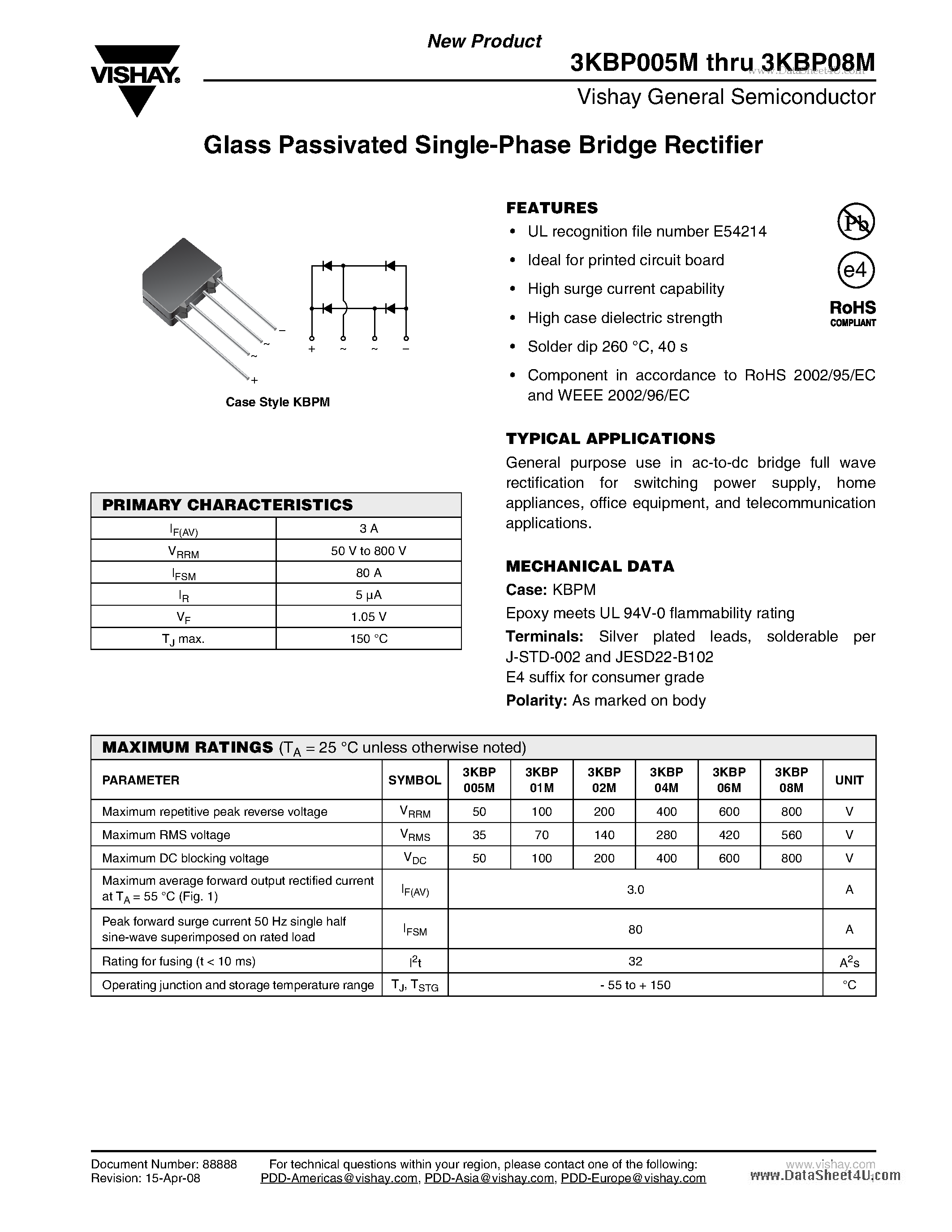 Datasheet 3KBP005M page 1 Datasheet 3KBP005M - Glass Passivated Single-Phase Bridge Rectifier page 1