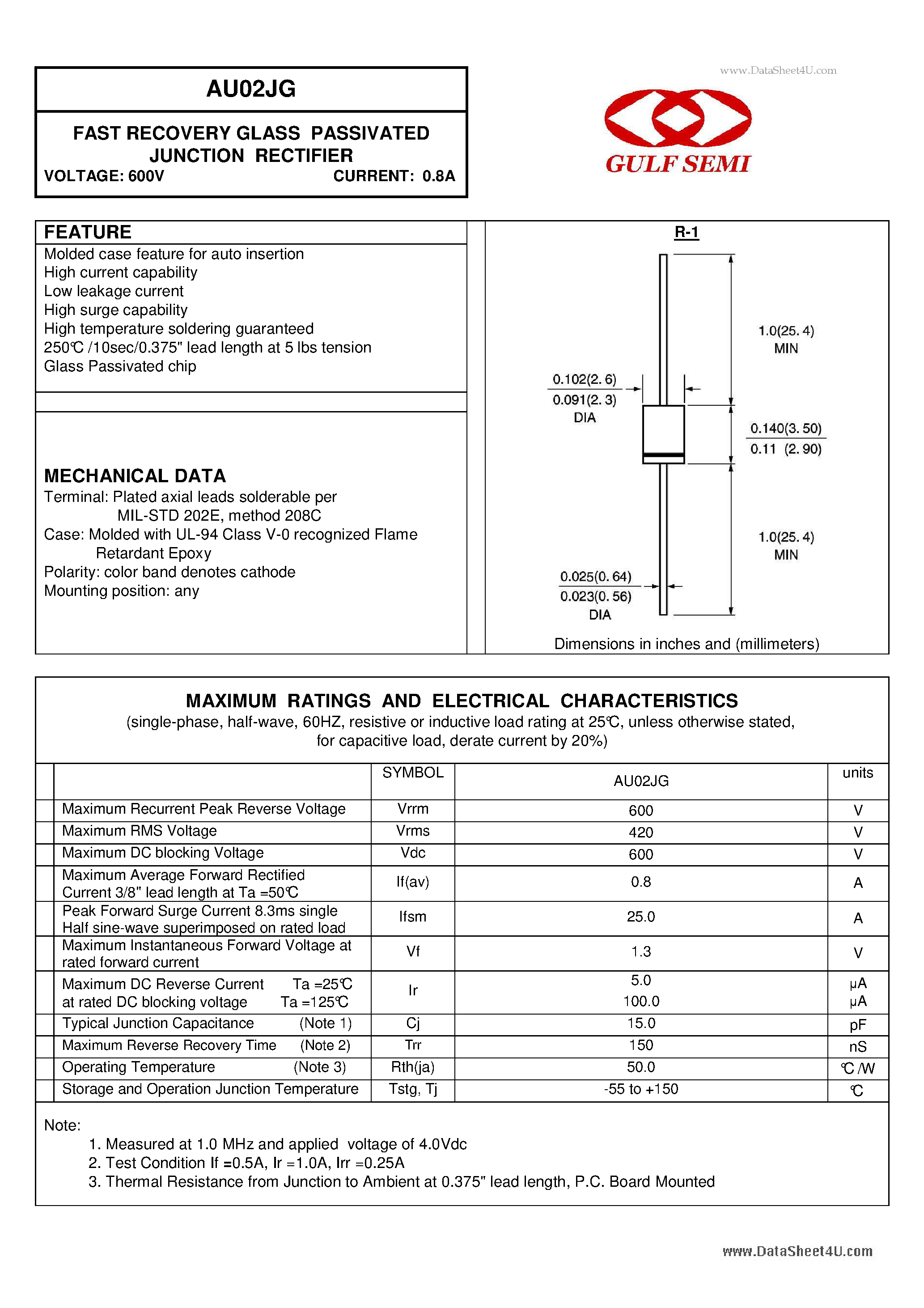 Datasheet AU02JG - FAST RECOVERY GLASS PASSIVATED JUNCTION RECTIFIER VOLTAGE: 600V CURRENT: 0.8A page 1