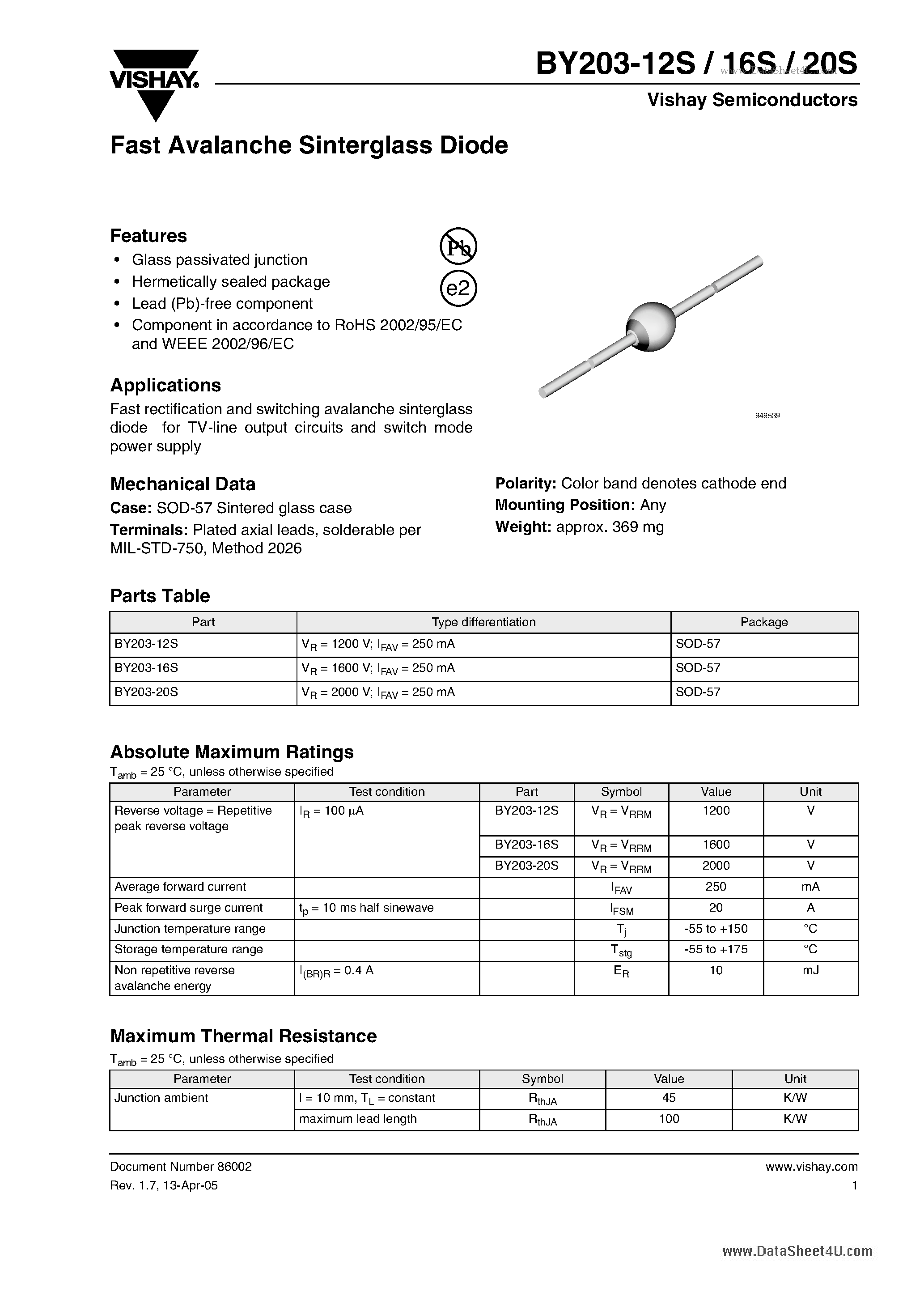 Datasheet BY203-12S - Fast Avalanche Sinterglass Diode page 1