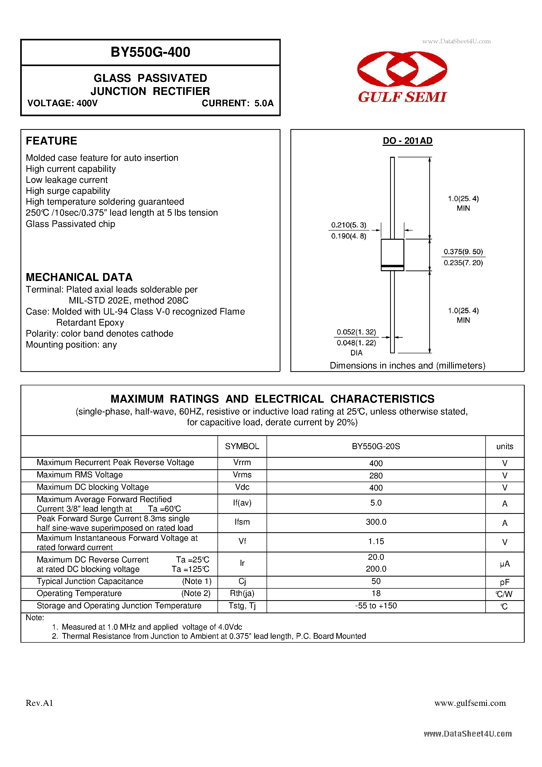 Datasheet BY550G-400 - GLASS PASSIVATED JUNCTION RECTIFIER VOLTAGE: 400V CURRENT: 5.0A page 1