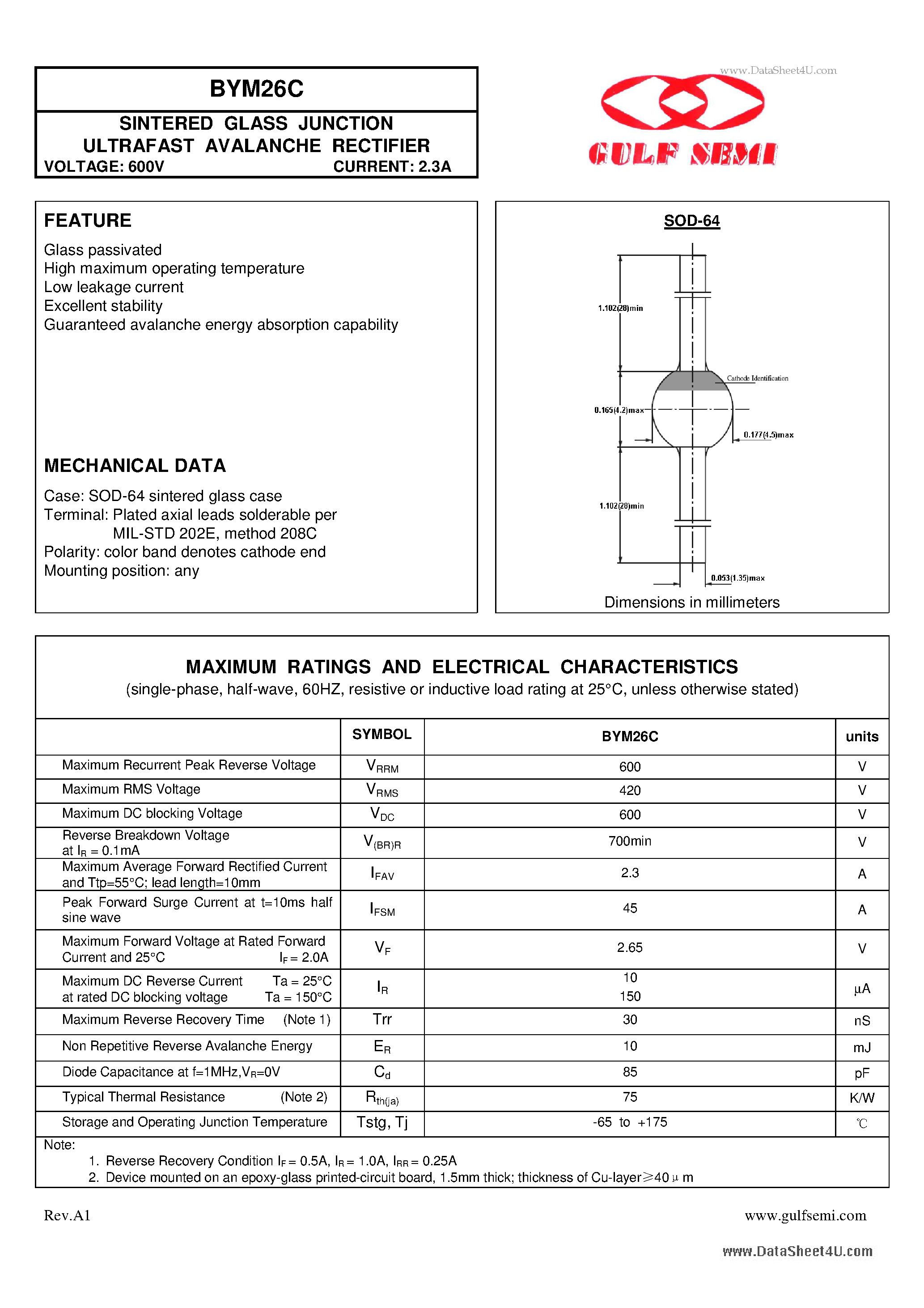 Даташит на микросхему BYM26C страница 1 Даташит BYM26C - SINTERED GLASS JUNCTION ULTRAFAST AVALANCHE RECTIFIER VOLTAGE: 600V CURRENT: 2.3A страница 1