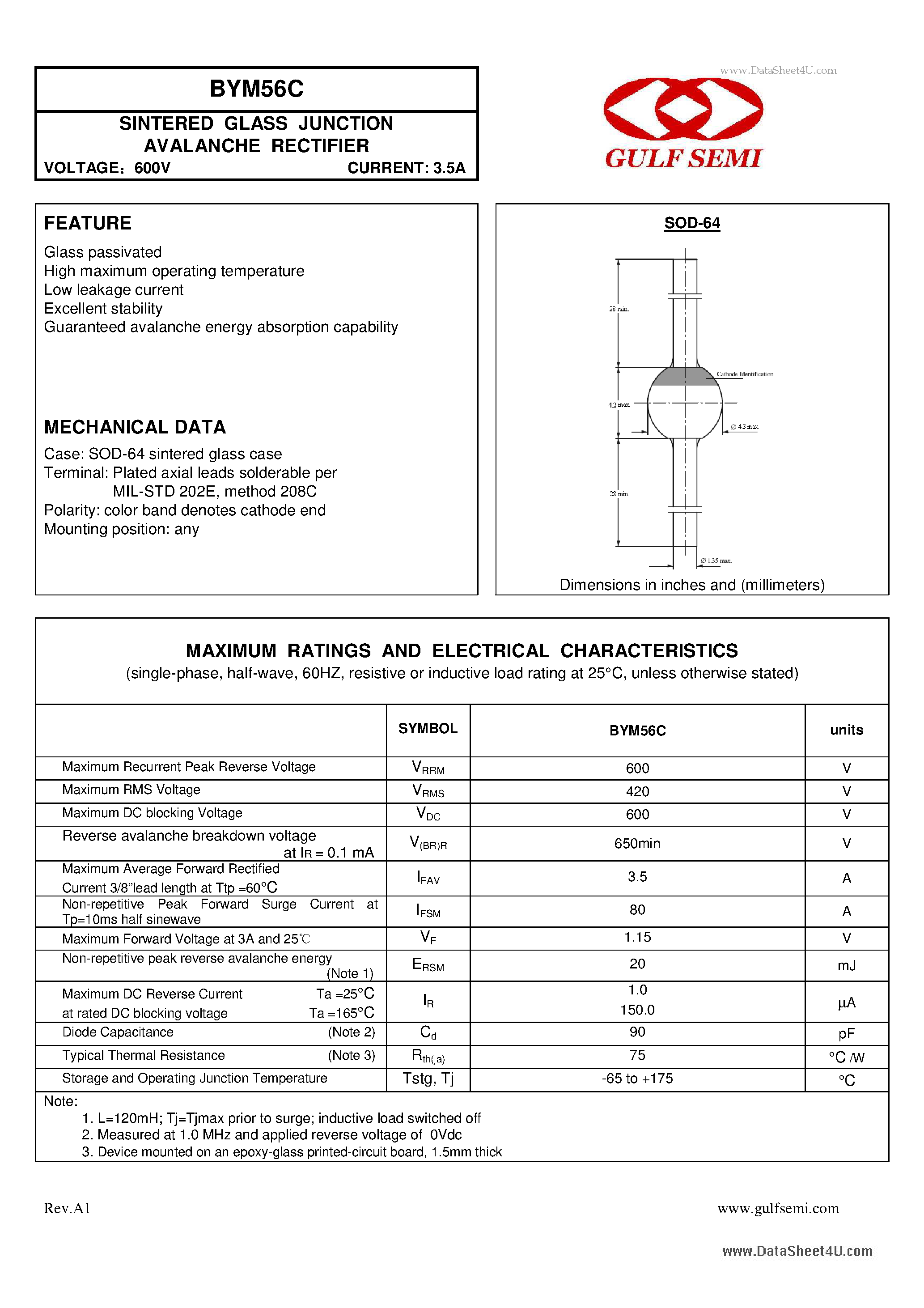 Datasheet BYM56C page 1 Datasheet BYM56C - SINTERED GLASS JUNCTION AVALANCHE RECTIFIER VOLTAGE page 1