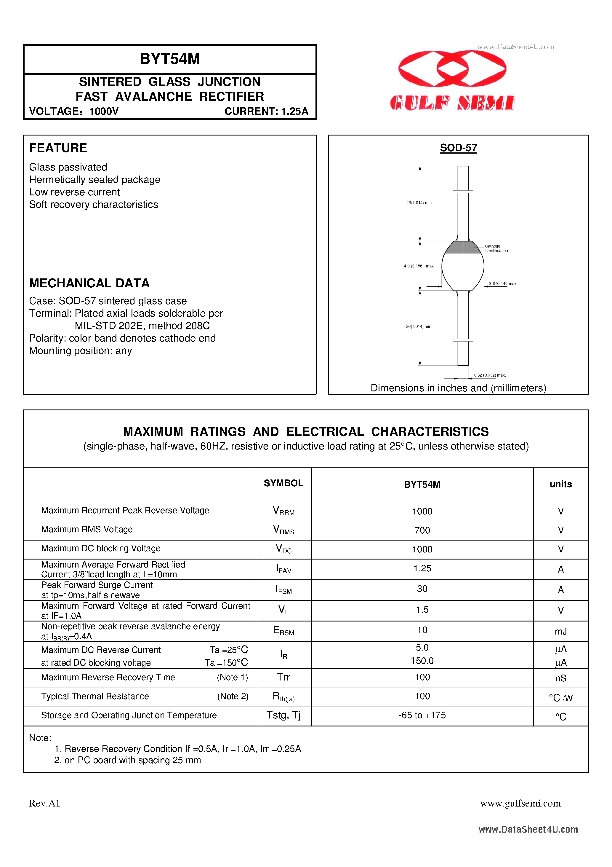 Datasheet BYT54M page 1 Datasheet BYT54M - SINTERED GLASS JUNCTION FAST AVALANCHE RECTIFIER VOLTAGE page 1